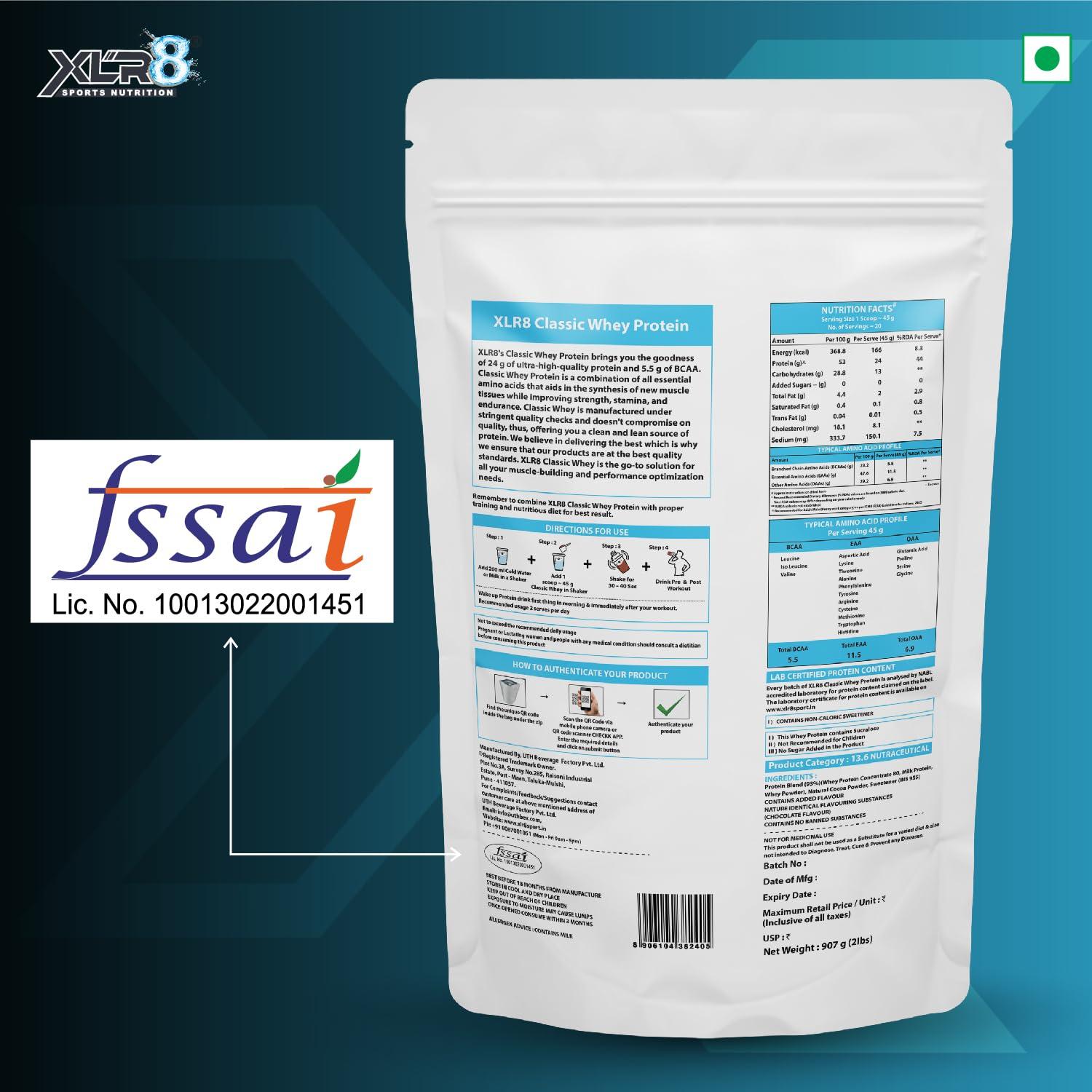 XLR8 XLR8 Classic Whey Protein Powder, 24 g Protein, 5.5 BCAA, No Maltodextrin (907 g (Pack of 1), Double Chocolate)