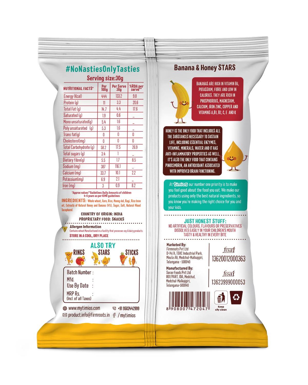 Timios Timios Banana and Honey Stars | Healthy Snacks for Kids | Natural Energy Food Product for Toddlers | Party Snack for School Children 2+ Years | Pack of 12