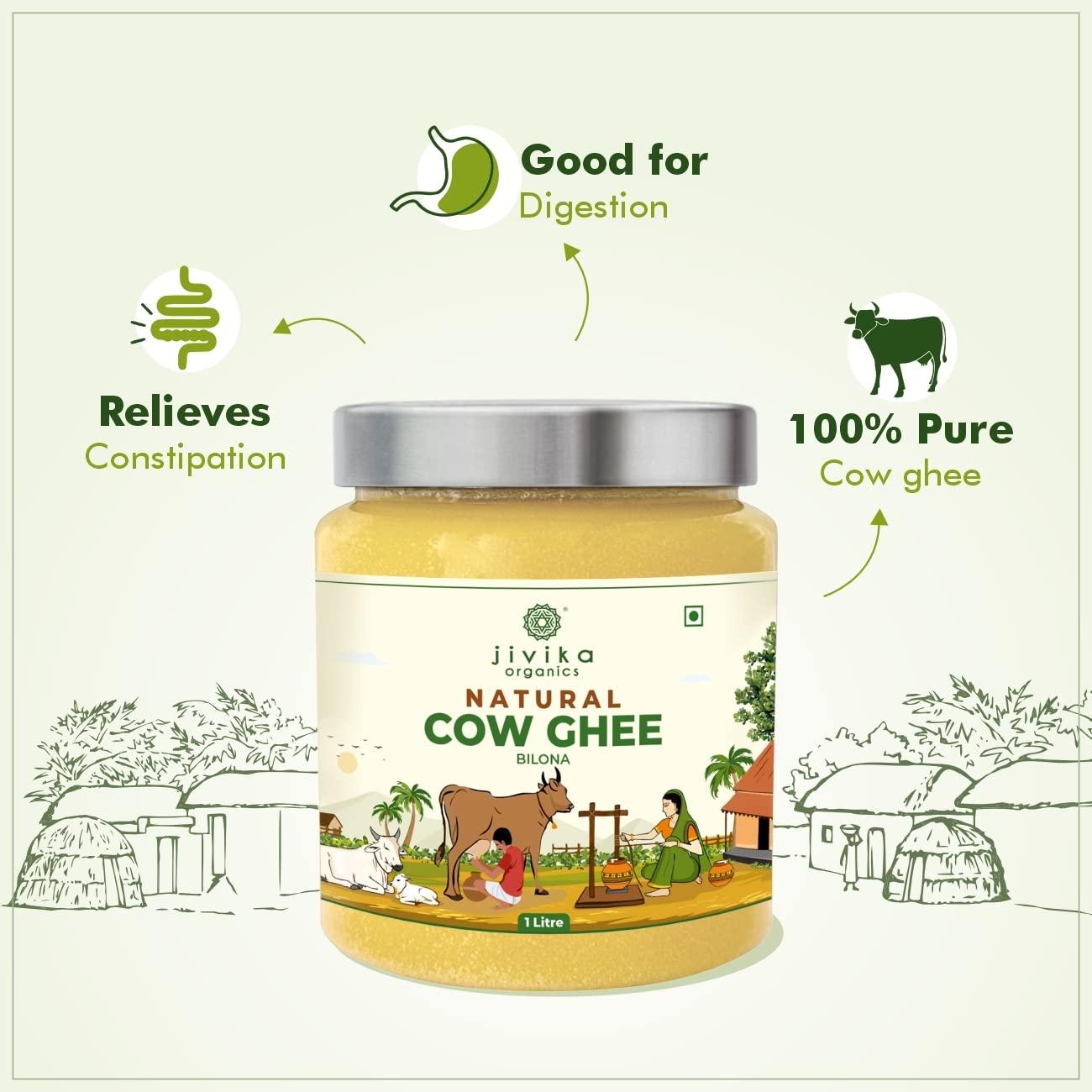 JIVIKA NATURALS Jivika Pure Natural Bilona Cow Ghee | Hand Churned Grass Fed Cows | 100% Pure and Natural | Desi Ghee | Highly Nutritious | Helps Keep Your Heart Healthy | Boost Immunity & Energy | Lab Tested | 1 Litre Pet Jar