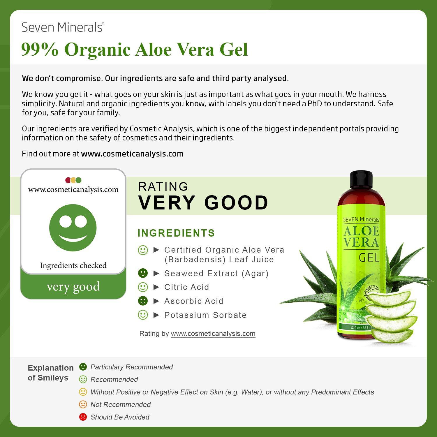 Seven Minerals Travel Size Organic Aloe Vera Gel with 100% Pure Aloe From Freshly Cut Aloe Plant, Not Powder - No Xanthan, So It Absorbs Rapidly With No Sticky Residue (2 fl oz)