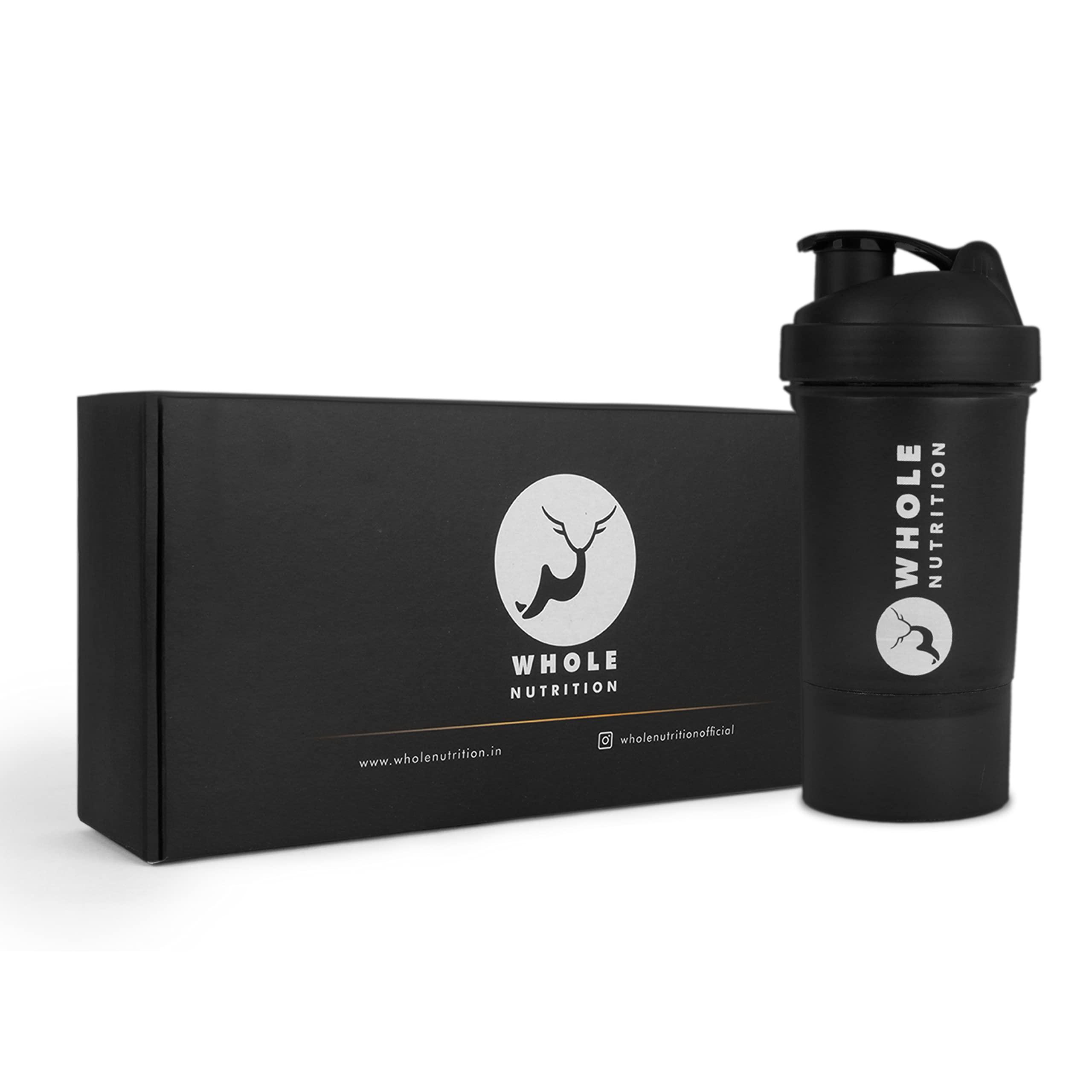 WHOLE NUTRITION WHOLE NUTRITION Shaker Bottles For BCAA & Pre-Post Workout Supplement Protein Shake Gym Sipper Bottle For Men & Women, BPA & DEHP Free With Storage Compartment -500ml, Black