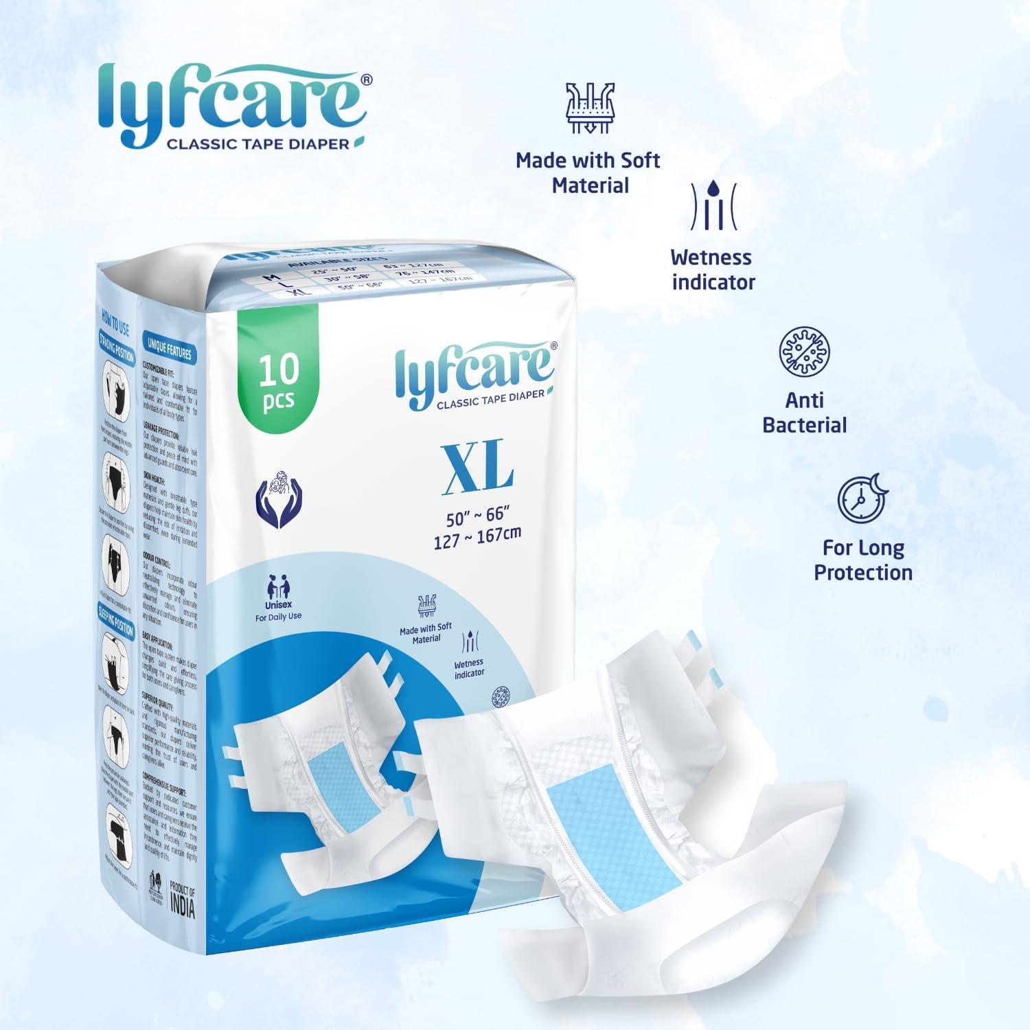 lyfcare Lyfcare Open Tape Adult Diaper Extra Large (XL) - 10 Units | Unisex Diapers Open Tape Style | Waist (127-167 cm) | Wetness Indicator, Super absorb, 360 Protection & 0% Leakage | For Men & Women