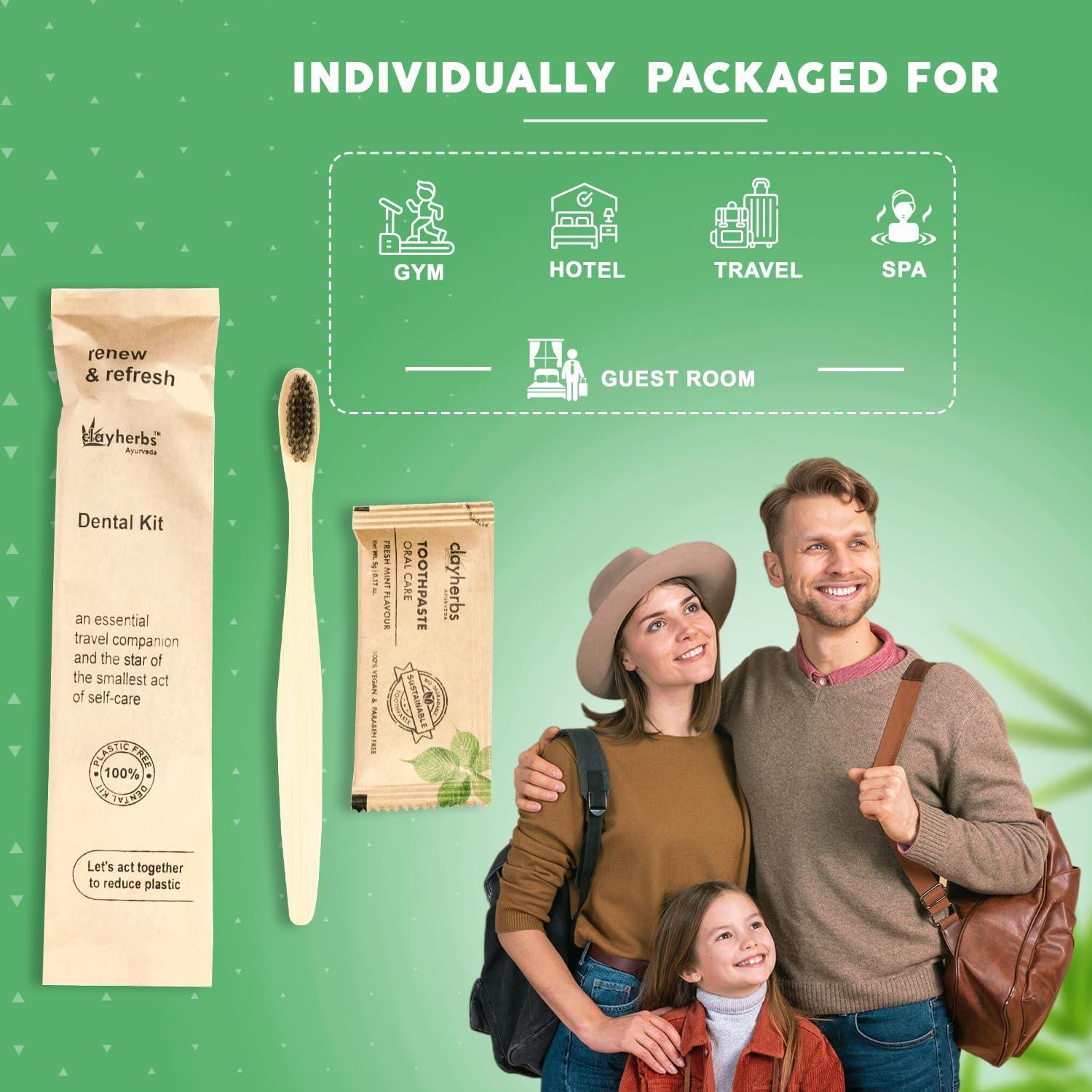 clayherbs Clayherbs (Pack-50) Sustainable Eco-Friendly Organic Bamboo Toothbrush and Toothpaste Sachet, Natural Flavor, Oral Care Biodegradable & Non-Toxic Hotel Dental Kit For Rooms