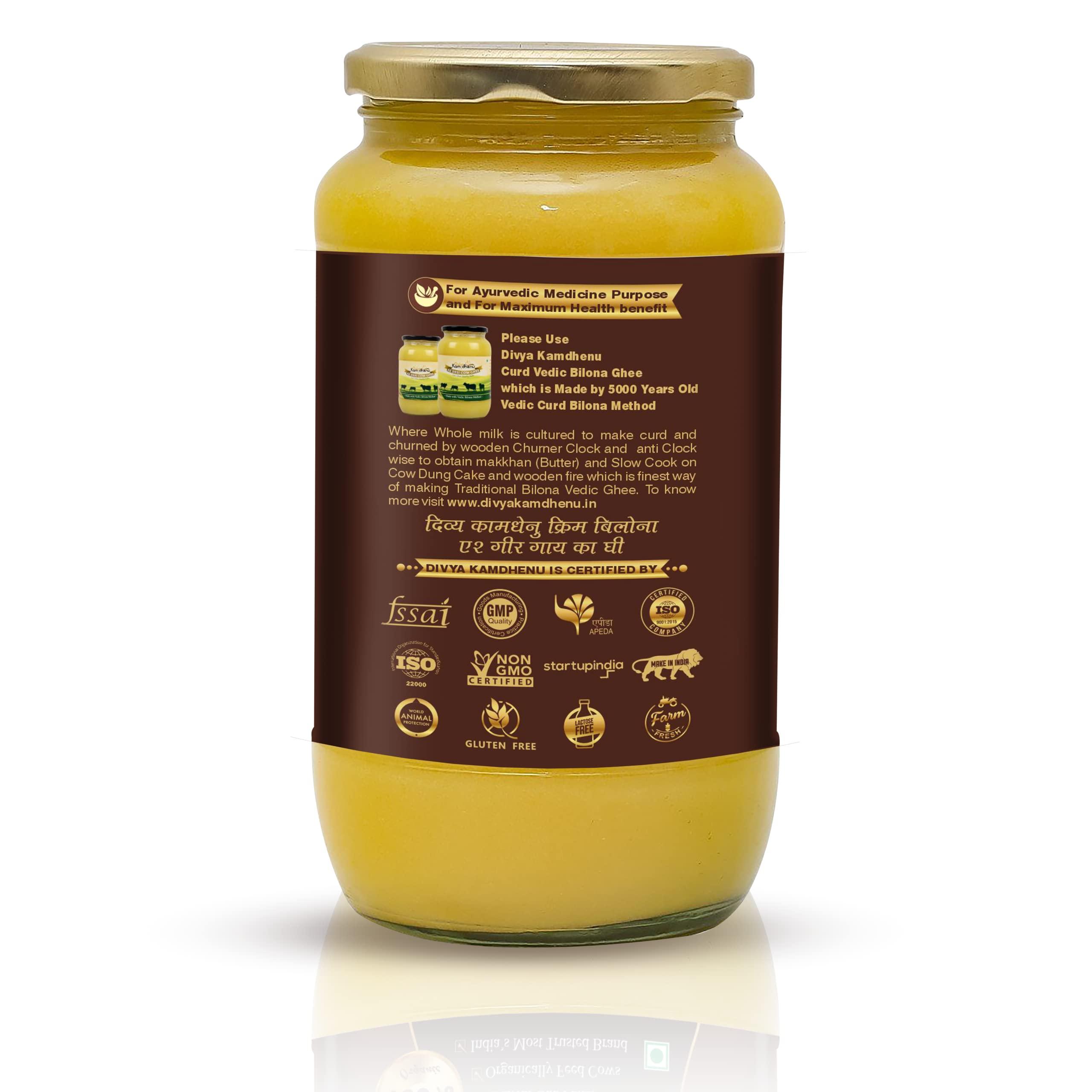 DIVYA KAMDHENU Divya Kamdhenu Cow A2 Ghee Cream Bilona Method (1L) Gir Cow Ghee, Organic, Grassfed, Cultured, Traditional Ghee, Desi Cow Ghee, Glass Bottle, 1 Litre Ghee 100% Pure Non GMO