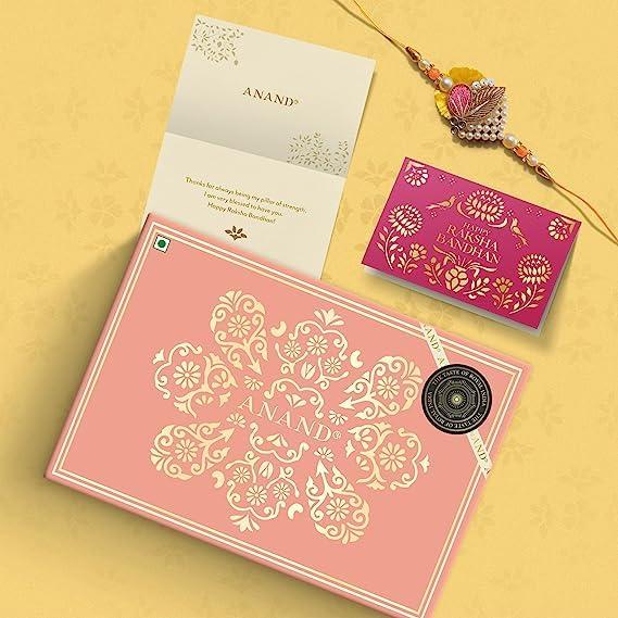 ANAND ANAND Sweets Raksha Bandhan/Rakhi Royal Delicacies Gift box | Assorted Sweets (375g) + Rakhi + Greeting card combo/Rakhi Set | Mouth Watering Pure Desi Ghee sweets | For brother, sister, bhabhi