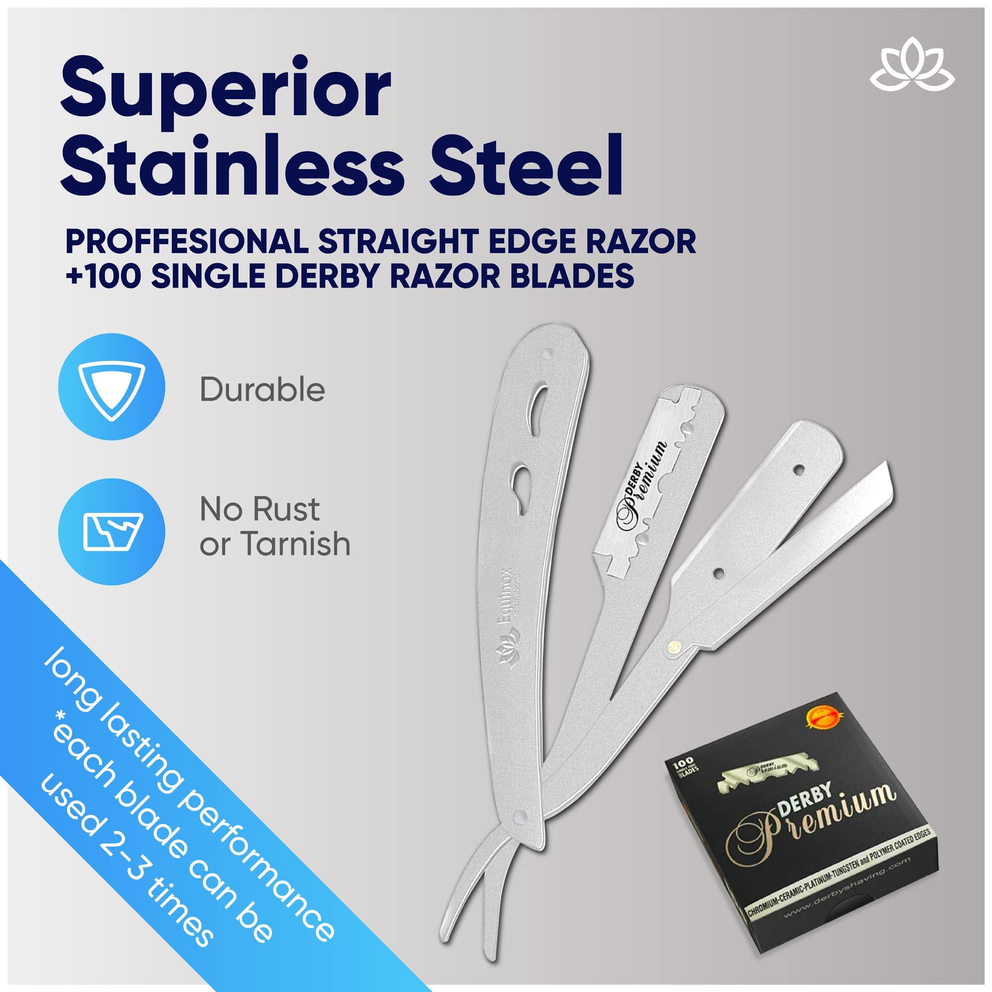 Equinox International Equinox Professional Steel Straight Edge Razor with 100 Single Edge Derby Premium Blades by Equinox International - Great for Barbers, Salons, and Hair Enthusiasts