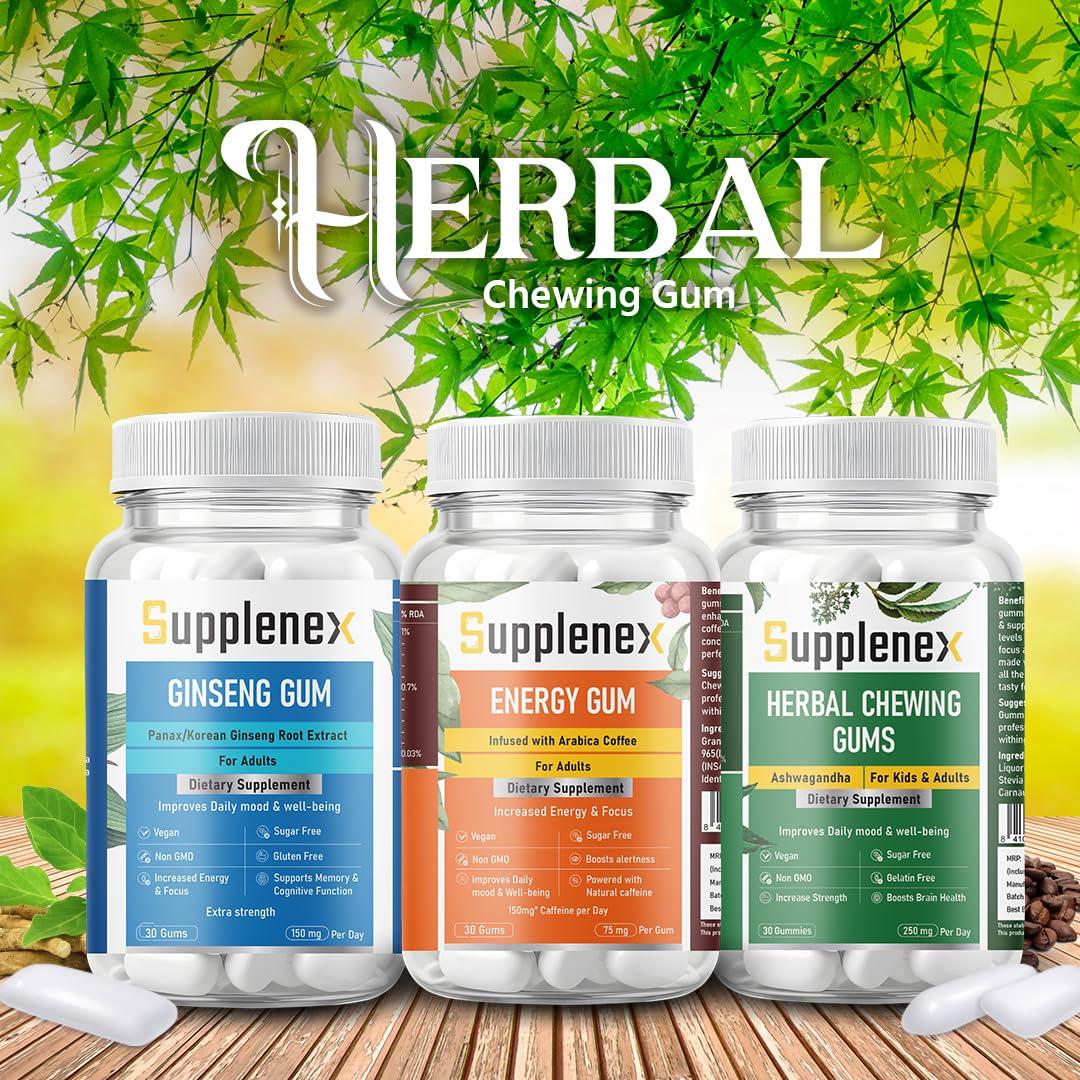 Supplenex Supplenex Ginseng Gum Panax/Korean Ginseng Root Extract 30 Chewing Gum | 150mg Per day | Supports Energy, Vitality & Strength | For Men & Women