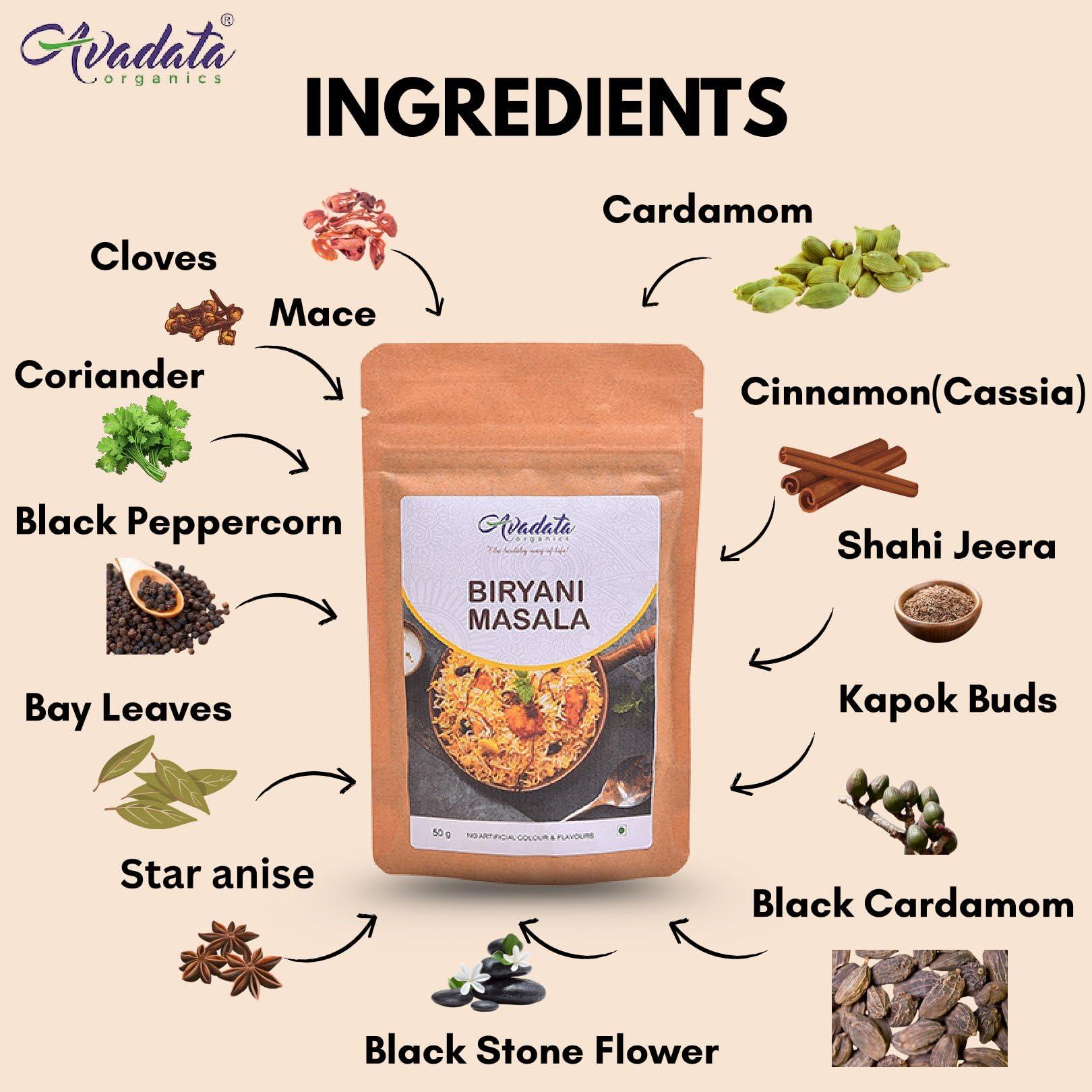 AVADATA ORGANICS - The healthy way of life Avadata Organics Biryani Masala - 50gm Hyderabadi Style| Unique Blend of Spices for Earthy Aroma & Rich Taste | Spice for Regional & Traditional Recipes | Hygienically Packed | No Preservatives (Pack of 3)