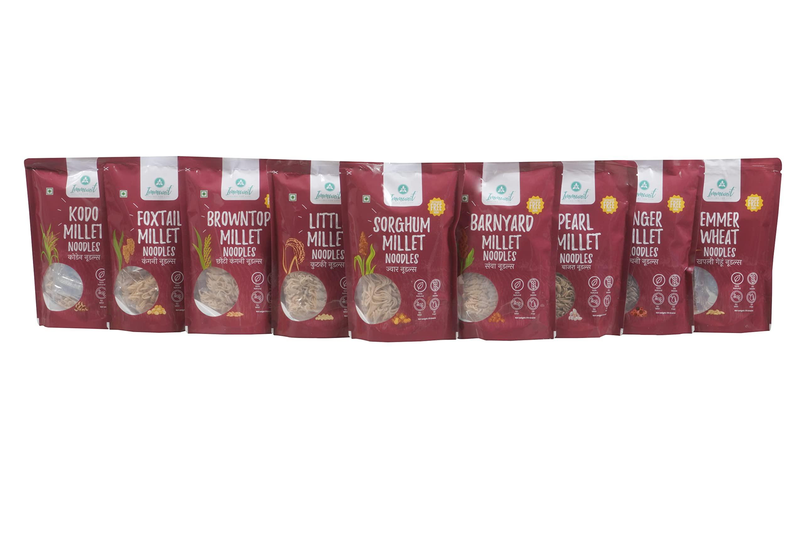 Immunit Immunit No Maida Assorted Millet Noodles, Pack of 9 (Ragi, Jowar, Little, Foxtail, Barnyard, Browntop, Kodo, Bajra, Emmer Wheat) | Vegan, Not Fried, No MSG, No Preservatives