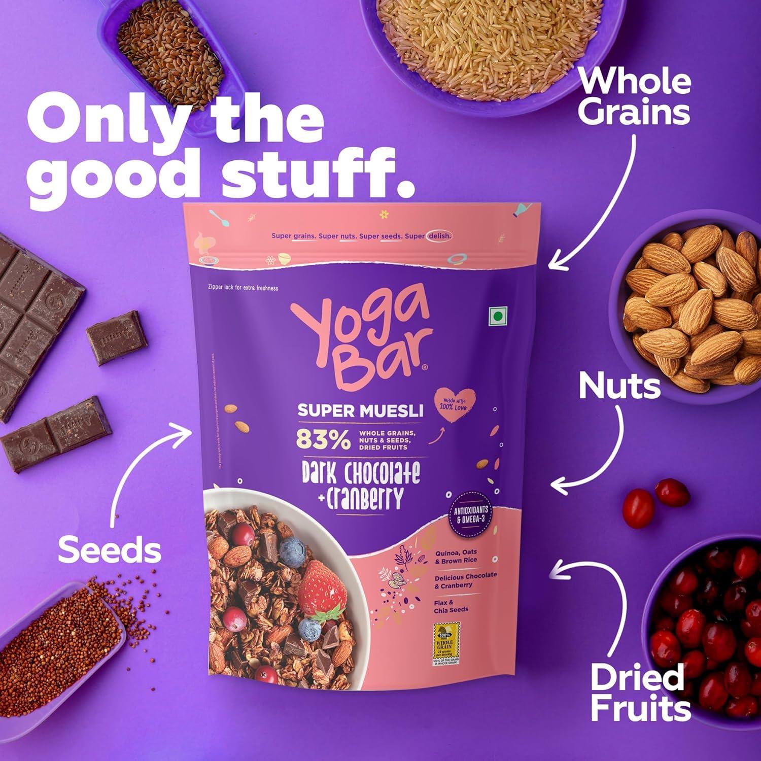 Yogabar Yogabar Wholegrain Breakfast Muesli - Dark Chocolate + Cranberry, 700g (Pack of 3) (Super Saver Pack) | Healthy Breakfast Cereals | Granola| Antioxidant Rich | Healthy Food for Breakfast |Protein Rich