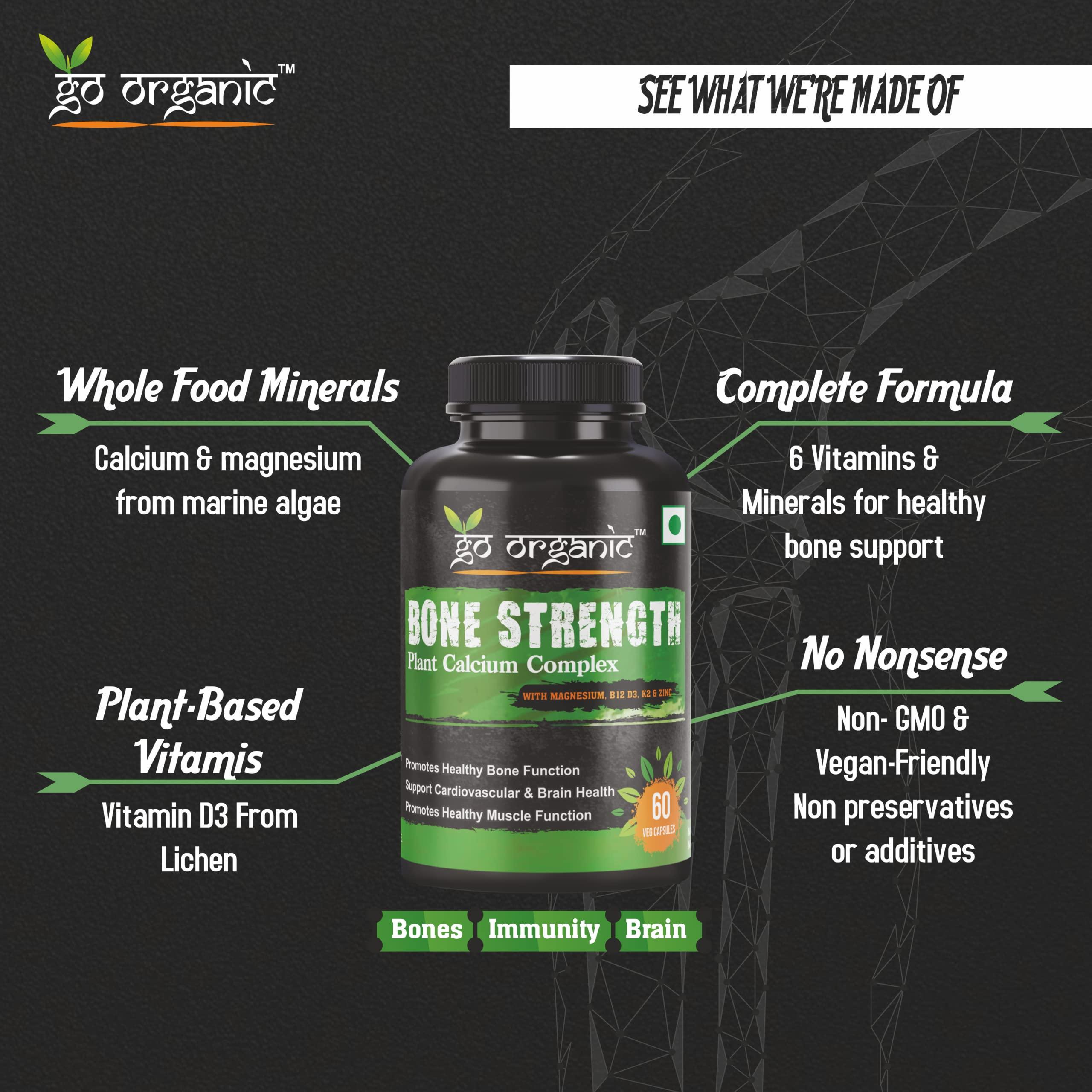 Go Organic Go Organic Bone Strength - Plant-Based Calcium, Magnesium, Zinc, Vitamin D3, VIT B12, K2 - GMO, Soy, Gluten Free Ingredients - Whole Food Supplement for Bone Health - 60 Vegan Friendly Capsules