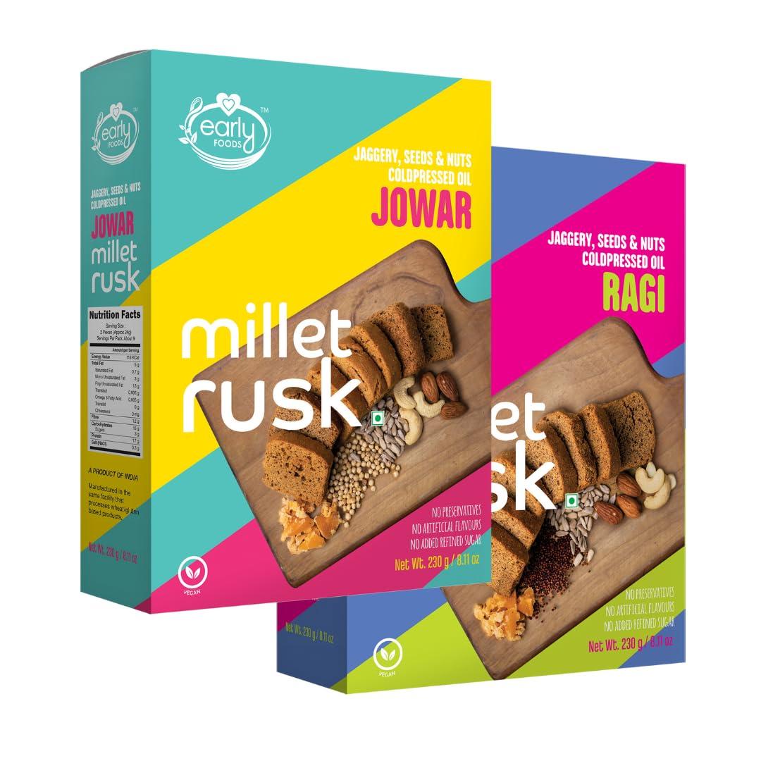 Early Foods Early Foods Assorted Pack of 2: ZERO MAIDA Ragi Rusk & Jowar Rusk | Sugar Free Millet Rusk with Jaggery | No Maida Rusk with Whole Wheat Rusk | Kids Snack | Tea Toast | Millet & Atta Rusk 230g x 2