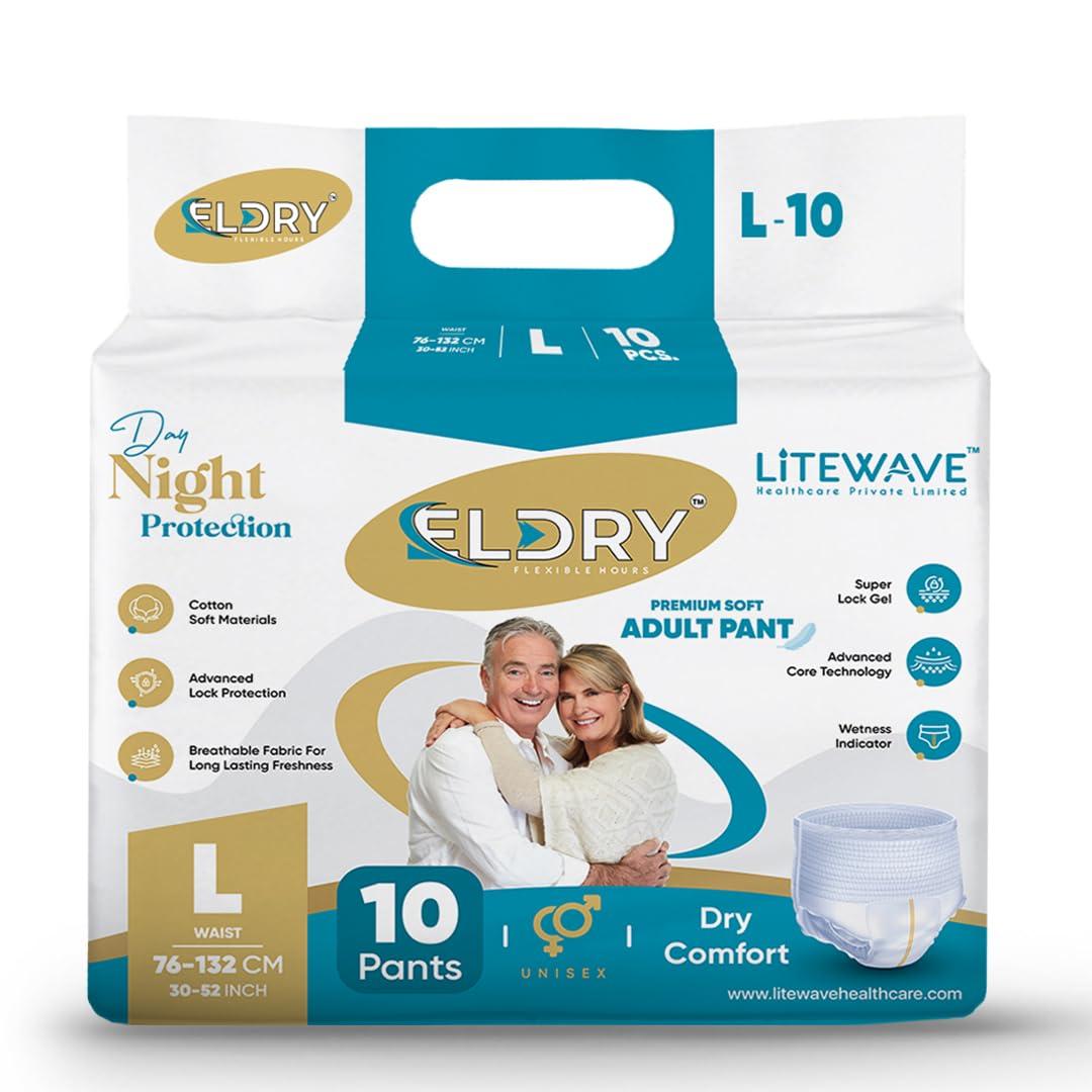 ELDRY ELDRY Unisex | Premium Soft Adult Pant Style Diapers | 10 Counts | Large (L) Size 76-132Cm (30\'\'-52\'\' Inch) | Leakproof, Wetness Indicator, 12 hrs Overnight Protection | (Pack of 1)
