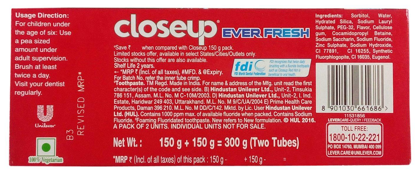 Closeup Closeup Red Hot Gel Toothpaste - Ever Fresh,Fresh Breath, 300g Combo Pack
