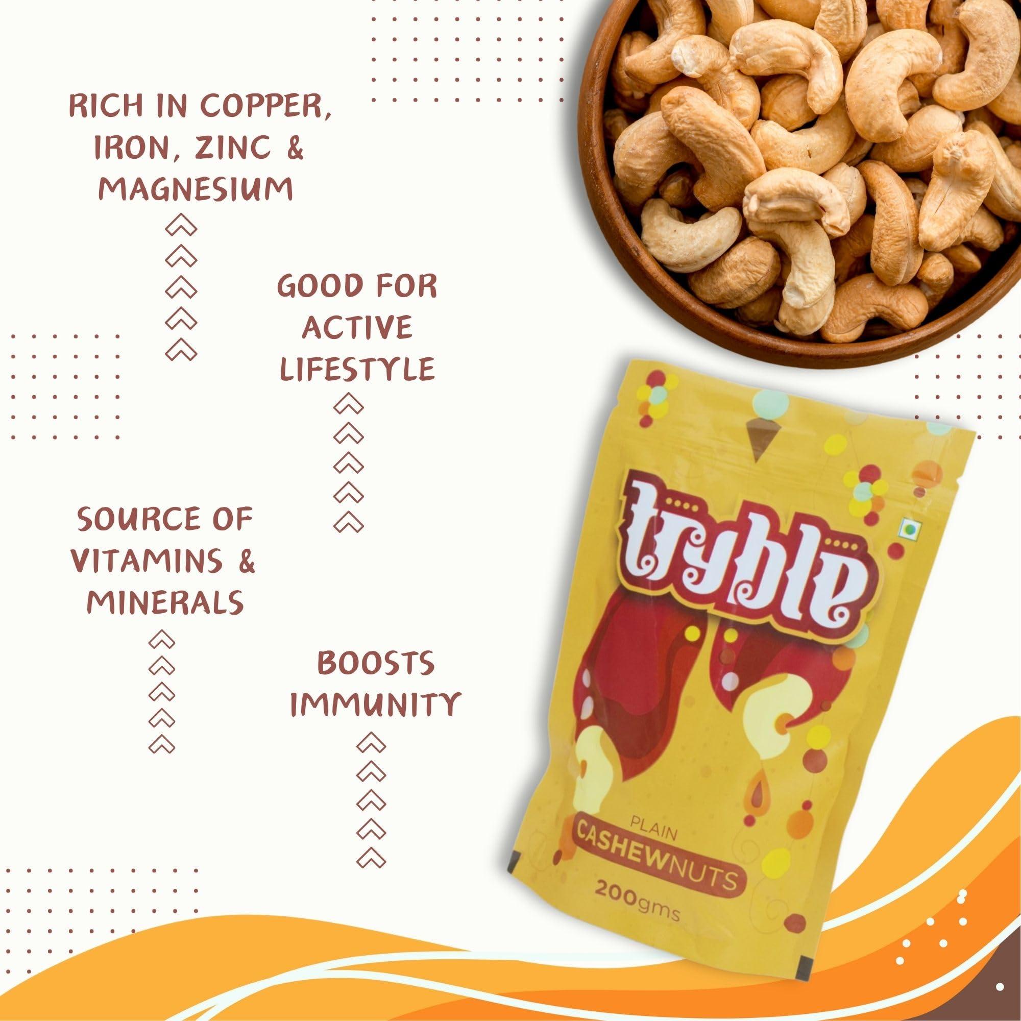 tryble Tryble Plain Cashew | Kaju | W320 Grade Whole Cashews 200 g | Nutritious, Delicious & Crunchy Kaju | Tasty Sweet Cashews for Snacking