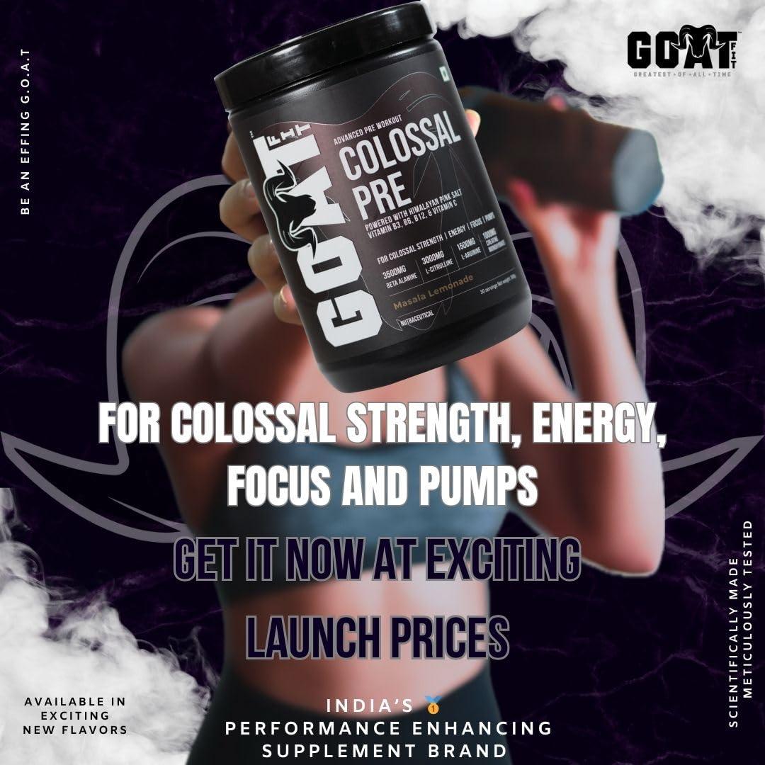 G.O.A.T Fit G.O.A.T Fit Colossal Pre | PreWorkout Powder (Strawberry Kiwi 180gm 15 Servings) 200mg Caffeine 3.5g Beta-Alanine 3g Citrulline 1.5g Arginine 1g Creatine with Himalayan Pink Salt