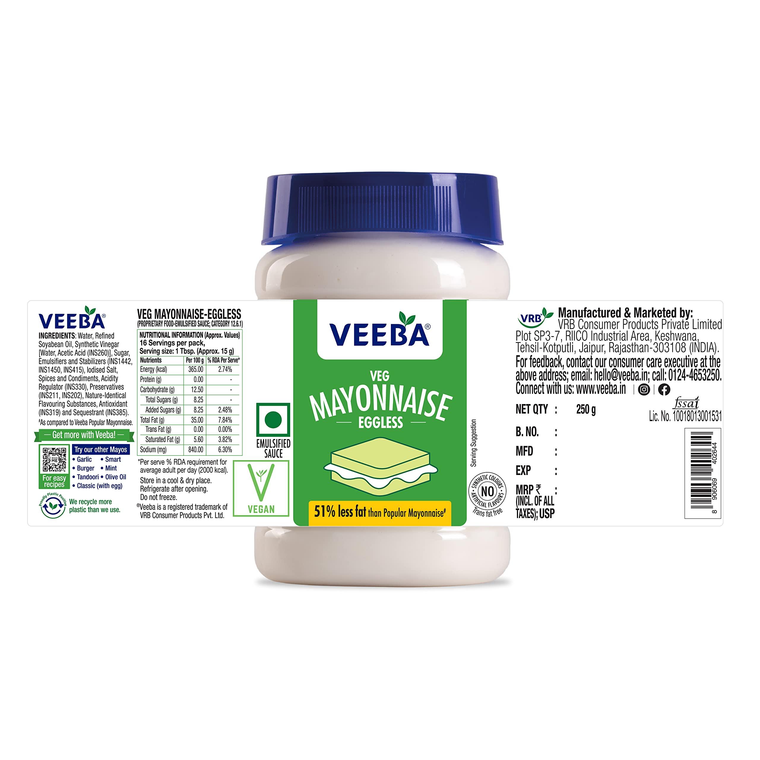 VEEBA Veeba Eggless Mayonnaise (250g) I Veg Mayonnaise I 100% Vegetarian Mayo I Extra Creamy and Delicious I Rich and thick texture I Dip, Spread and Dunk
