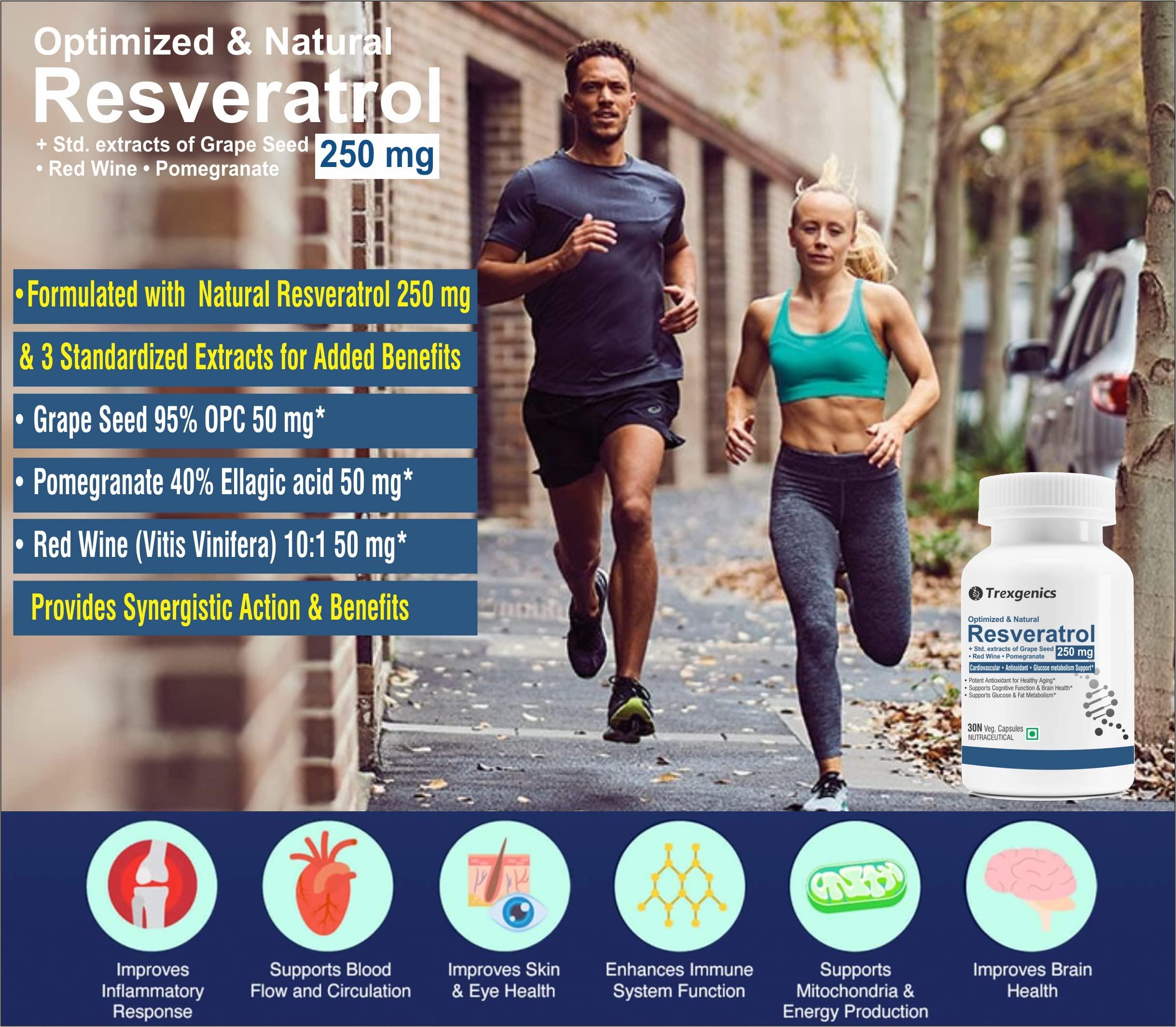 Trexgenics Trexgenics Natural RESVERATROL 250 mg + Grape Seed OPC, Pomegranate Ellagic acid, Red Wine Cardiovascular Health, Antioxidant & Glucose Metabolism VEGAN & NON-GMO (30 Veg. Capsules) (Pack of 1)
