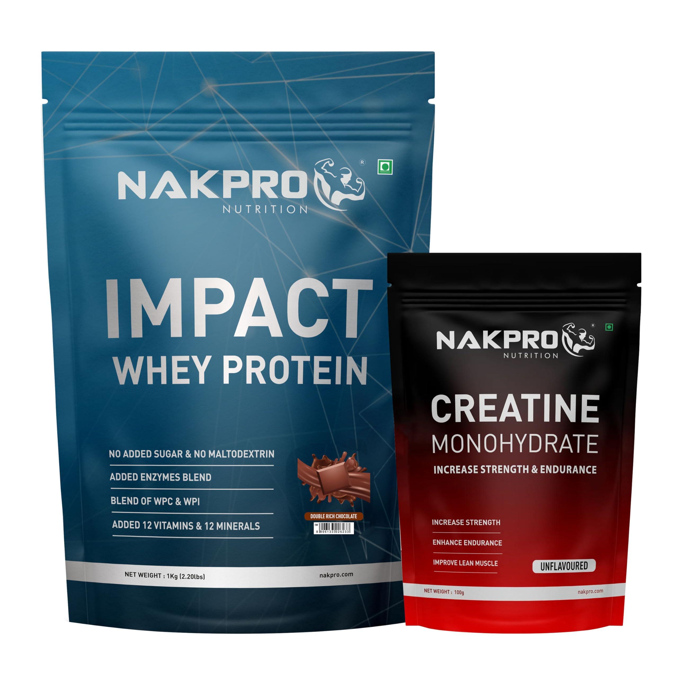 NAKPRO NAKPRO Impact Whey Protein 1kg, Double Rich Chocolate | Isolate & Concentrate | 24g Protein & 4.9g BCAA | NAKPRO Micronised Creatine Monohydrate Powder, 3g Creatine/Serve (100g, Unflavoured) Combo