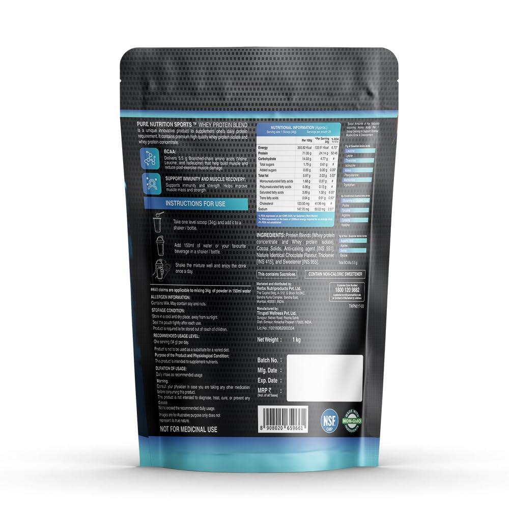 Pure Nutrition Naturals Pure Nutrition Whey Protein Blend (Isolate + Concentrate), 24g Protein, 5.5g BCAA per Serving | Supplement Powder for Men & Women for Muscle Recovery & Growth, Chocolate, 1Kg, 30 Servings