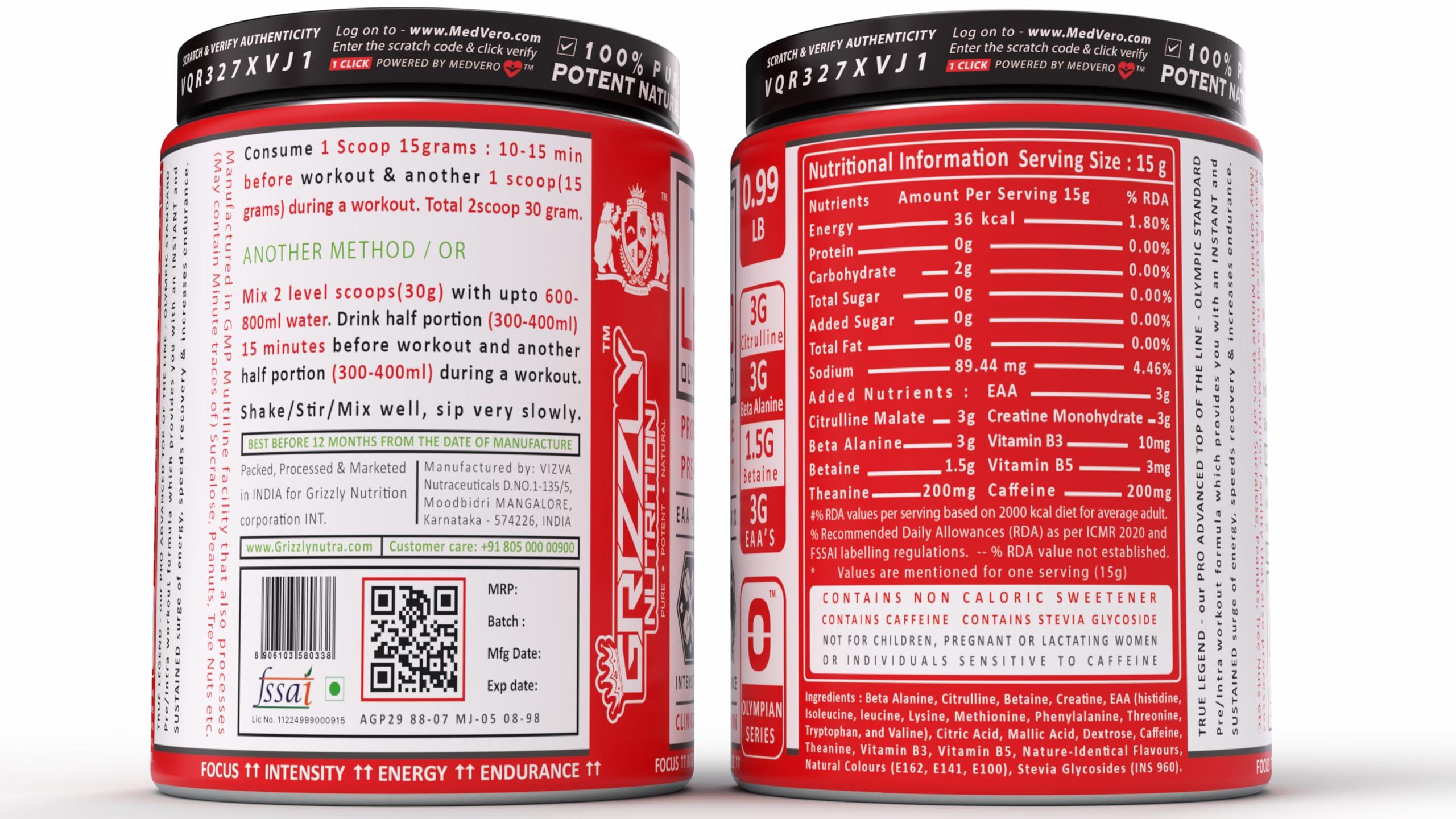Grizzly Nutrition Grizzly Nutrition ,True Legend-Olympian Standard,Dualstage Pre Workout +Eaa Intra Workout-V2 Genesis 900Gram,32+ Performance Boosters (Lime+Kiwi-Dual Pack),Energy+ Prebooster 75 Serv,Powder