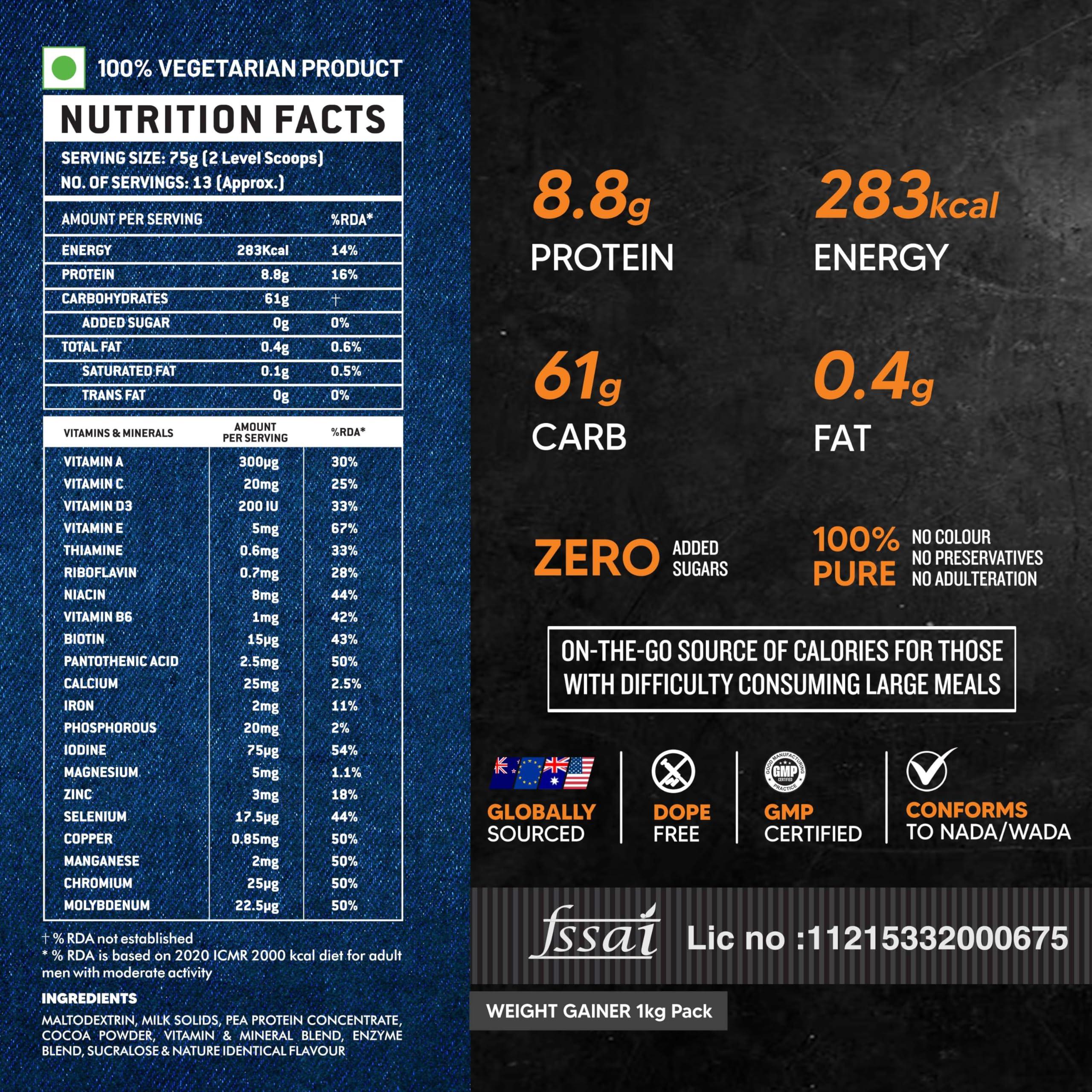 Asitis Nutrition Asitis Nutrition Atom Weight Gainerpowder 1Kg | 61.1G Carbs & 8.8G Proteins | Easy Source Of Weight-Gaining Calories | Boosts Workout Performance | Double Rich Chocolate Flavor