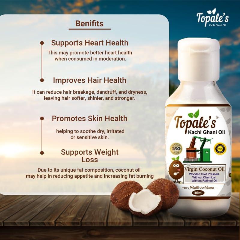 TOPALE\'S Topale\'s - Premium Wooden Cold Pressed natural Virgin Coconut Oil 100ml | Edible Grade, Organic, Pure And Great for Hair, skin and Cooking - PACK OF 2