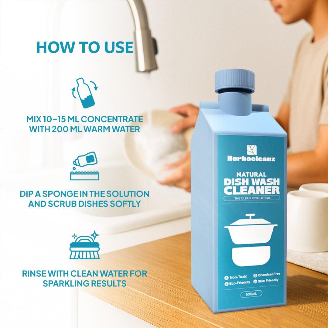 HERBOCLEANZ HerboCleanz Natural Dish wash cleaner: Plant-Based, Non-Toxic Grease Cutter  Eco-Friendly, Skin-Safe Detergent for Utensils, Ceramics & Cutlery - Pack of 1
