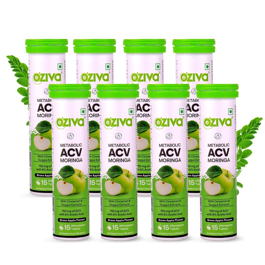 OZiva OZiva ACV Moringa | Control Cravings I Apple Cider Vinegar, Cinnamon, Guggul I No Maltodextrin & No Added Sugar I 15 Effervescent Tablets - Green Apple, Pack of 8 (120 Tablets)
