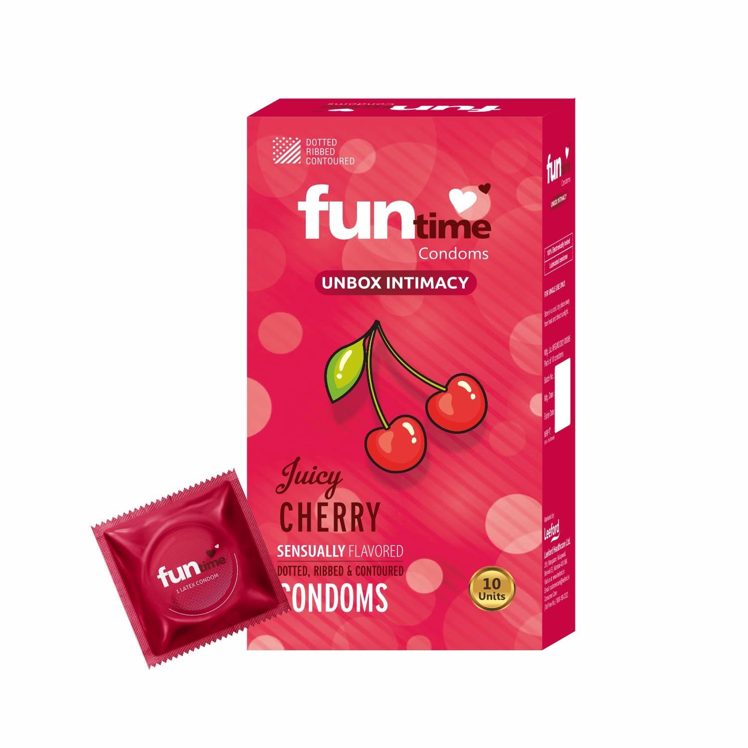 FUNTIME Funtime Dotted Condoms with Juicy Cherry Flavor  Ribbed & Contoured for Extra Pleasure, Finest Natural Latex, Skin-Safe Lubrication, 100% Electronically Tested Count 10 - Pack of 3 (Total 3 Condoms)