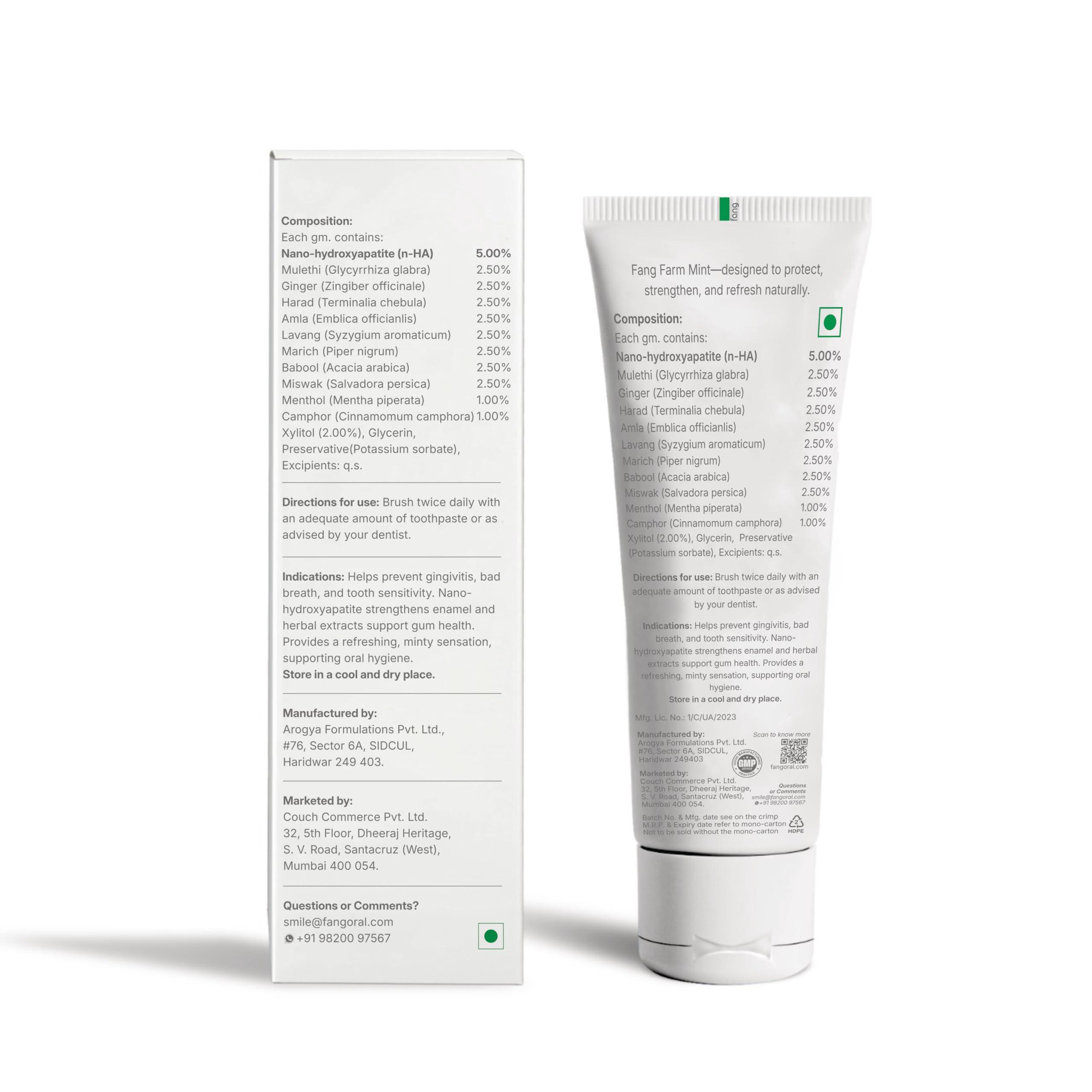 Fang Fang Farm Mint Natural Toothpaste|Fluoride Free Hydroxyapatite|Teeth Whitening|Heals Sensitive Teeth|Fights Cavities,Gum Diseases & Bad Breath|SLS & Chemical Free|Organic, Vegan|100 grams(Pack of 1)