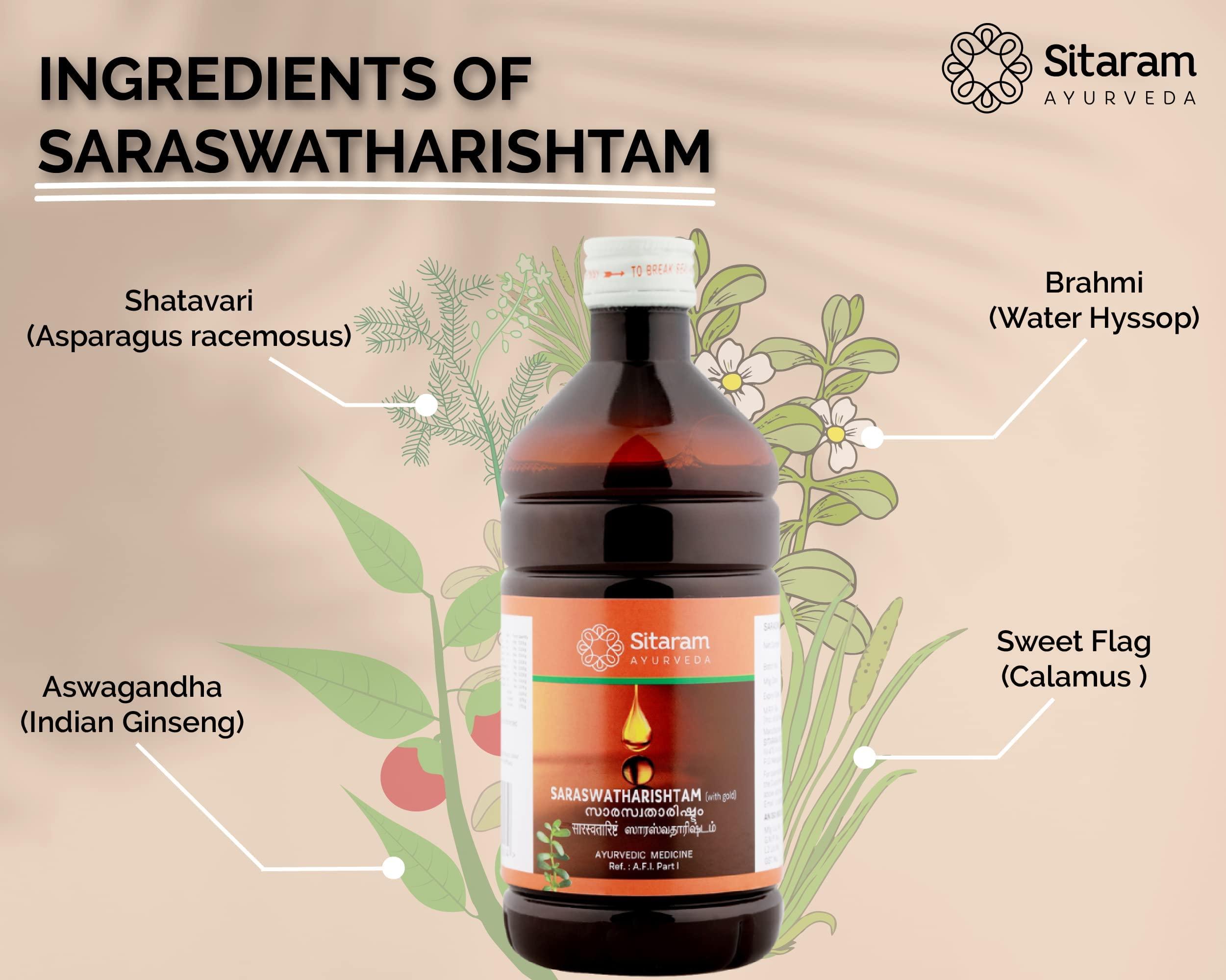 SITARAM Sitaram Ayurveda Saraswatharishtam With Gold 200ml syrup| Kerala Ayurvedic Saraswatarishta Supplement With Brahmi And Ashwagandha.