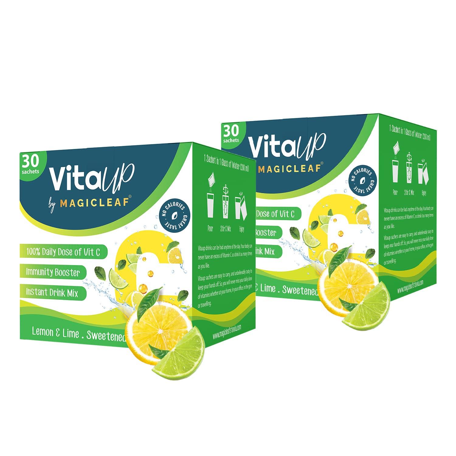 Magic Leaf Magic Leaf Stevia VitaUp to Boost Immunity and Skin Health, Lemon, Vitamin C Powder, 100% Natural Sweetened with Stevia, Safe for Diabetic Patients & Kids, Pack of 2 (30 Sachets Each)