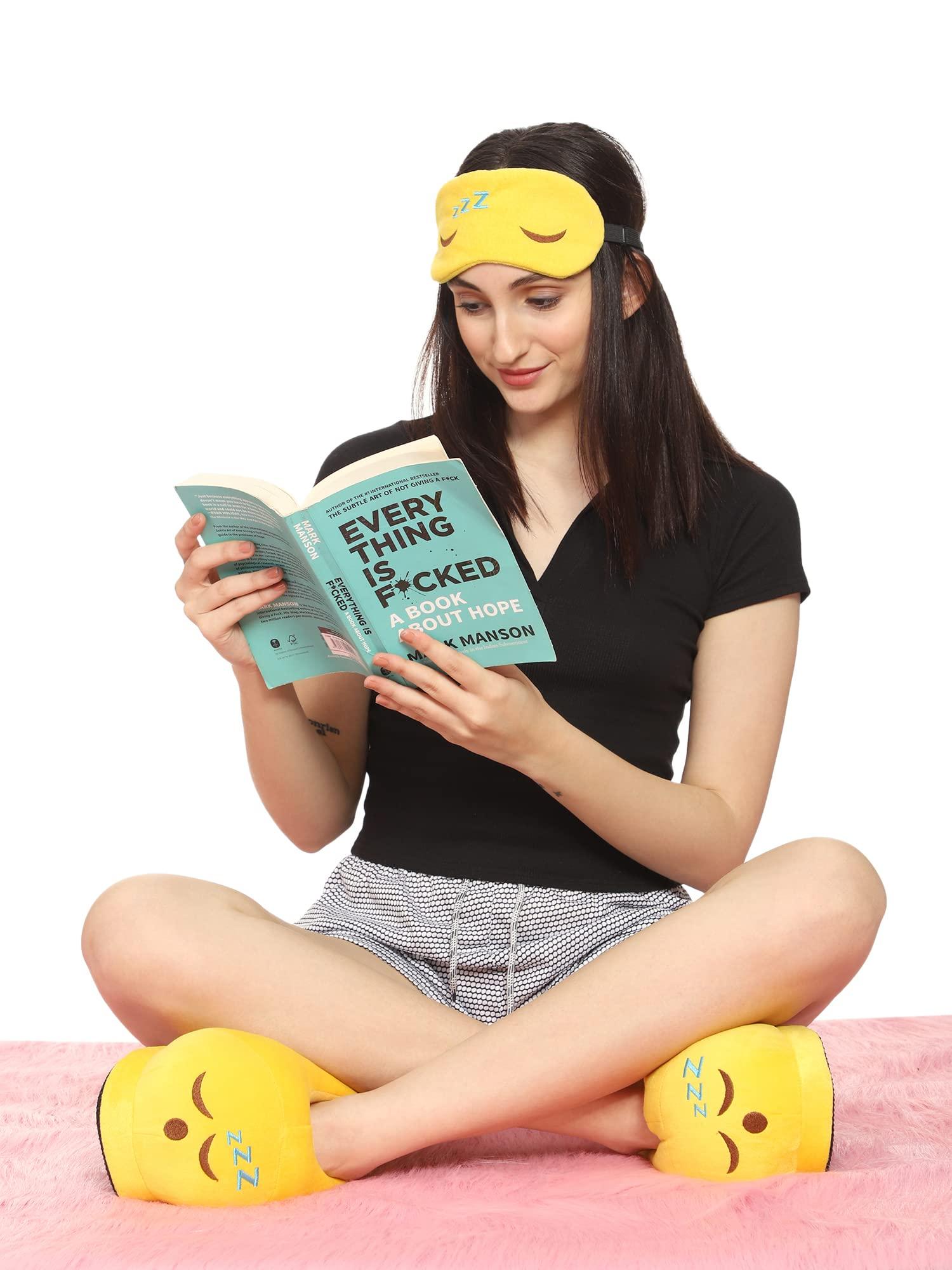 Qualtos Qualtos Sleep Emoji Plush House Indoor Bedroom Mens Yellow Slipper Free Size & matching Eye Mask