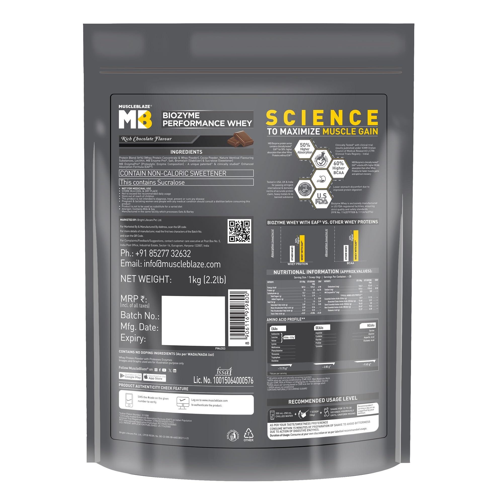 MuscleBlaze MuscleBlaze Biozyme Performance Whey Protein | Clinically Tested 50% Higher Protein Absorption | Informed Choice UK, Labdoor USA Certified & US Patent Filed EAF (Rich Chocolate, 1 kg Refill Pack)