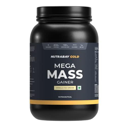 Nutrabay Nutrabay Gold Mega Mass Gainer Powder - 1kg, Vanilla Ice Cream | 100% Veg | 40.8g Protein, 123g Carbs, 711 Calories | Muscle Building & Weight Gainer Supplement for Men & Women