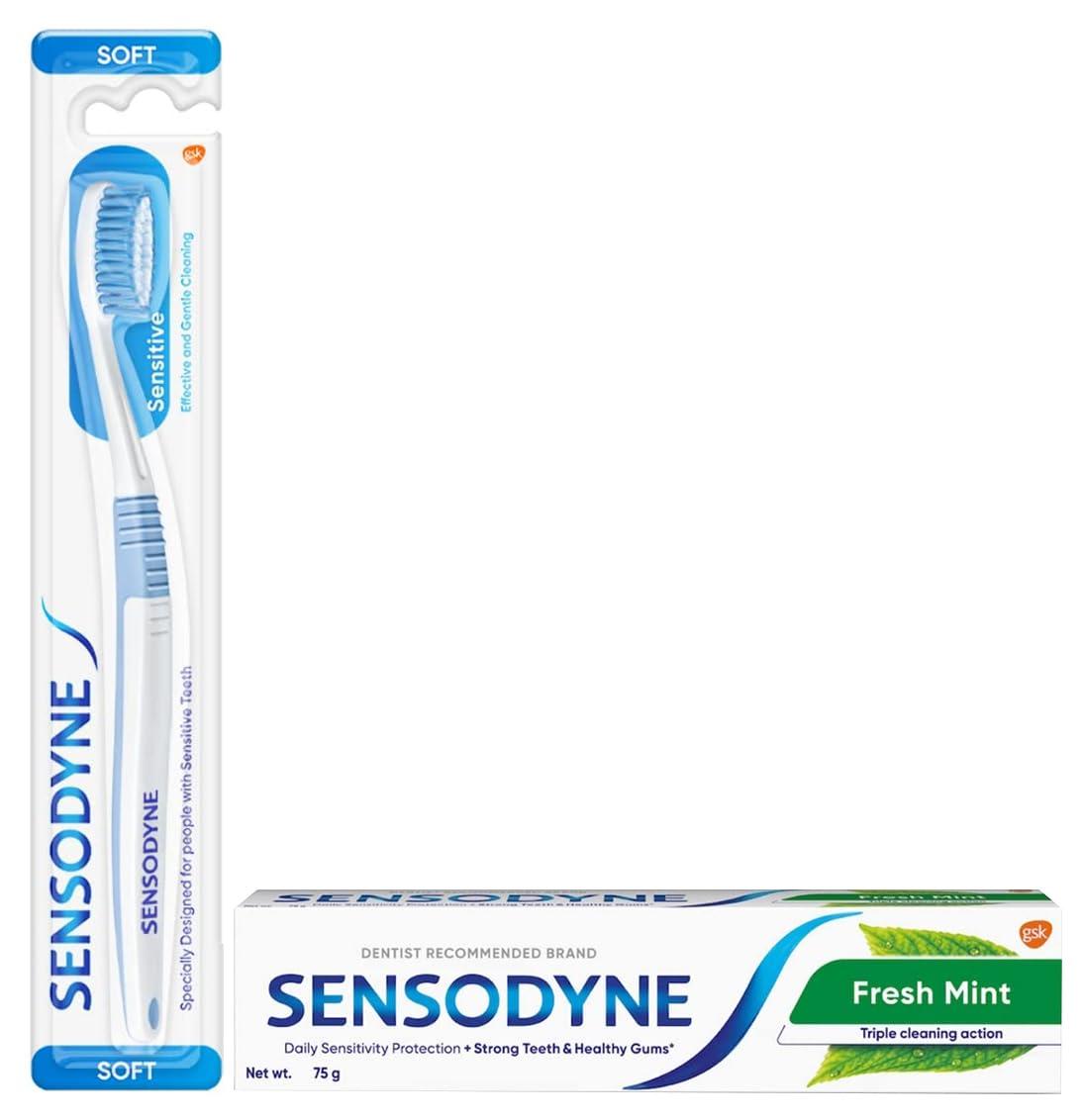 Sensodyne Sensodyne Toothpaste Fresh Mint, Sensitive tooth paste for daily sensitivity protection, 75 gm & Sensodyne Toothbrush, 1 piece,Color may vary