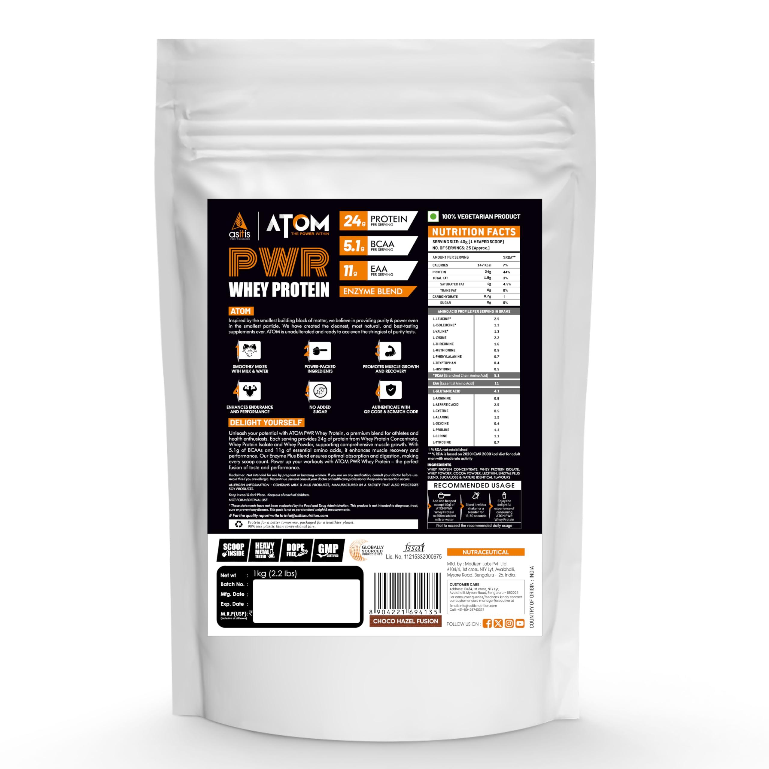Asitis Nutrition AS-IT-IS Nutrition ATOM PWR Whey Protein with Enzymes, 24g Protein, 11g EAA, Lean Muscle Gains & Rapid Recovery, Easy Digest, 1Kg, Choco Hazel Fusion