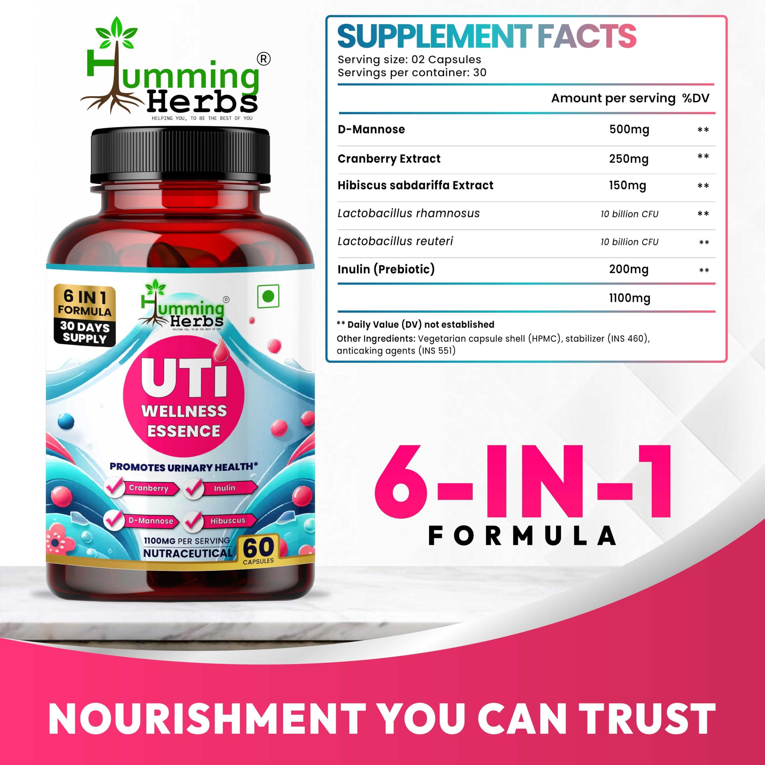 Humming Herbs Humming Herbs UTI Wellness Essence 1100mg - Advanced 8-in-1 Urinary Tract Support Formula with Cranberry, D-Mannose, & Probiotics - Promotes Bladder Health & Immunity - 60 Cap