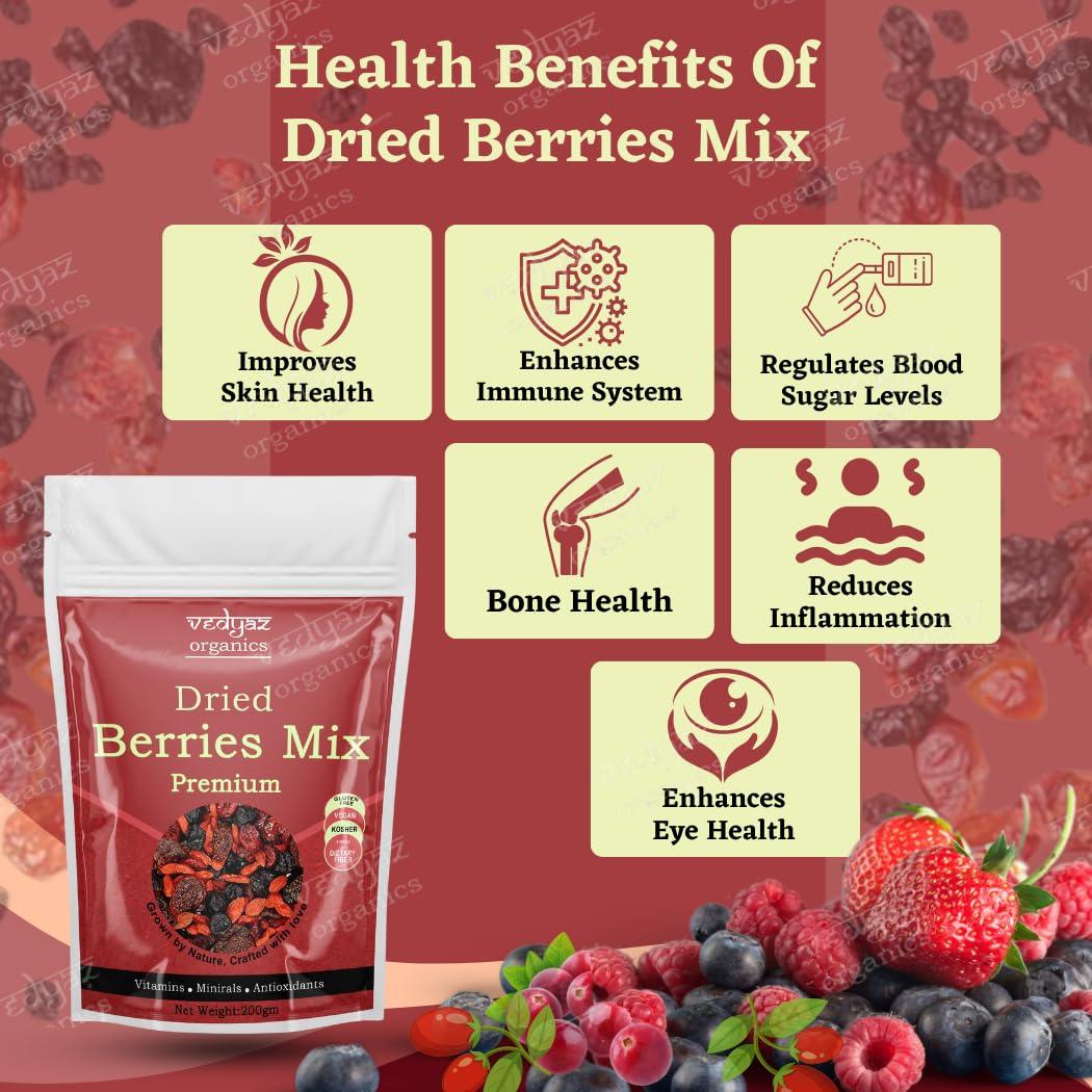 Vedyaz Organics Vedyaz Organics Dried Berries Mix 200gm - Mix of Blueberry, Goji berry, Strawberry & Cranberries Dry fruits - Rich in Nutrients & Antioxidants