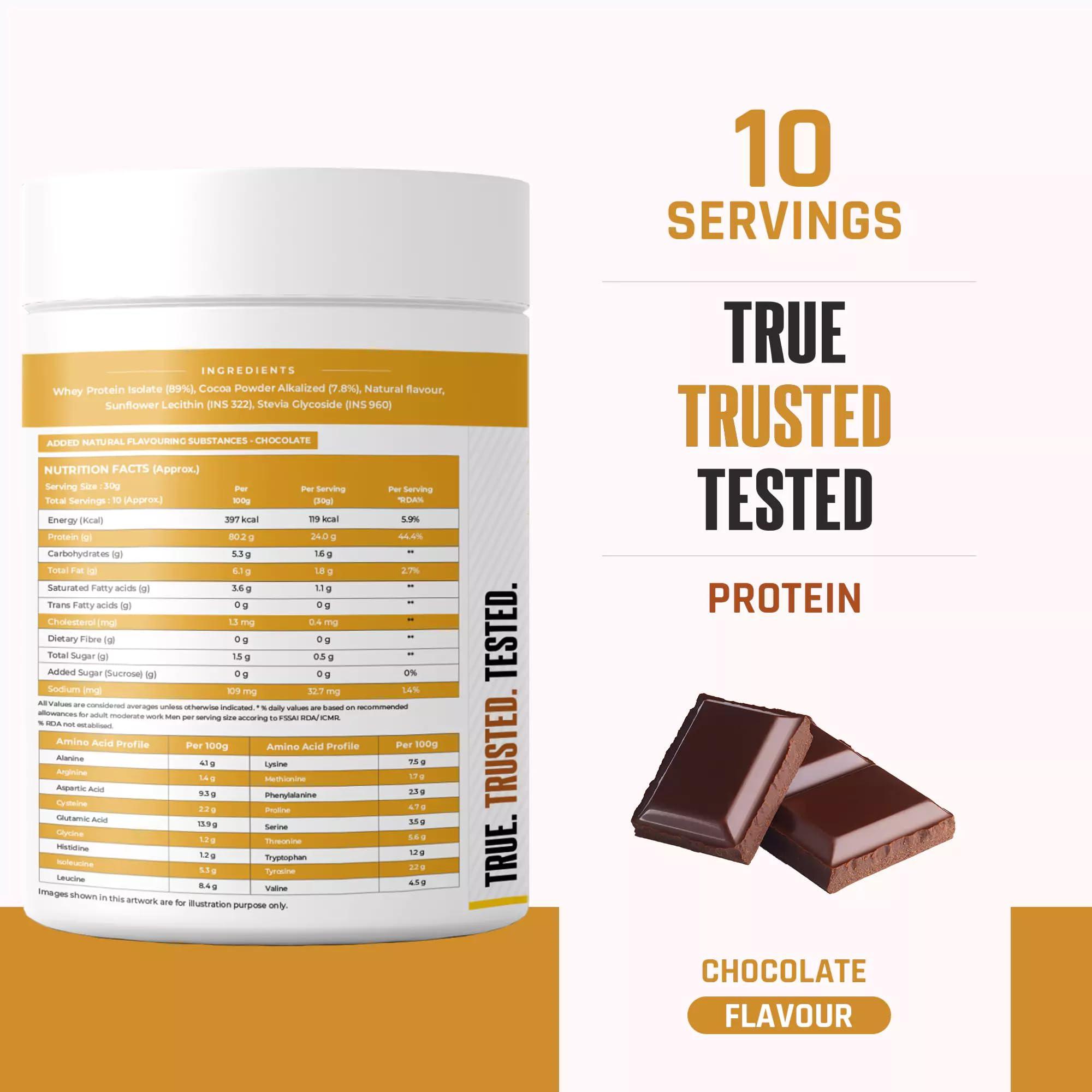 NATURALTEIN NATURALTEIN Natural whey Protein 30g Serving - 24g Protein, Isolate Chocolate - 300g (Naturally flavored, Non GMO, No Artificial Sweeteners)