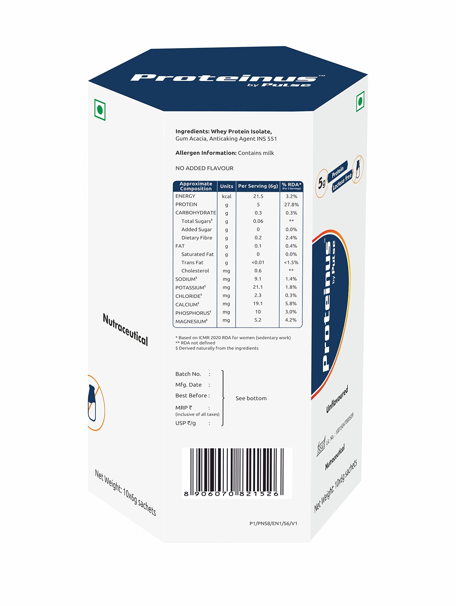 Pulse Nutri Science (Formerly Known as Zenova Bio- Proteinus by Pulse- 100% Whey Protein - 10 * 6g Sachets (5g protein/Sachet), Unflavoured, Sprinkler/Top up for any food item