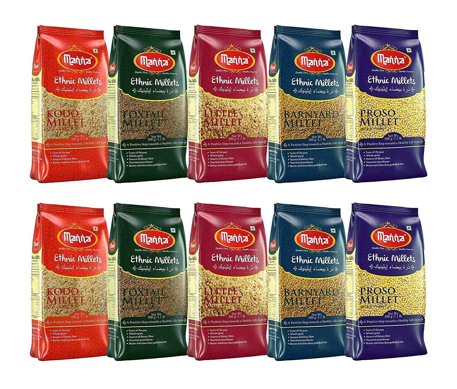 Manna Manna Millets 5Kg Combo Pack of 5, Unpolished Millets, Siridhanya,Certified Low GI, Little 1kg, Kodo 1kg, Foxtail 1kg, Proso 1kg, Barnyard 1kg. Natural Grains 500g(Pack of 10)