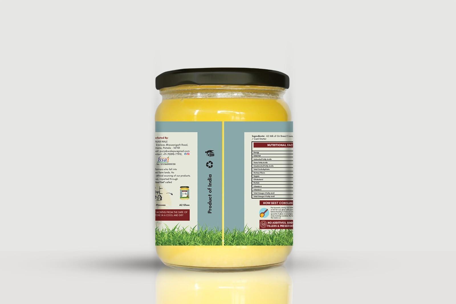 PUNJAB WALE PUNJAB WALE A2 Ghee | Desi Gir Cow | Vedic Bilona Method | Cultured | Hand Churned | Made in Small Batches | Lab Tested| Glass Jar| Grassfed | Premium & Traditional Ghee | 500ml (Pack of 1)