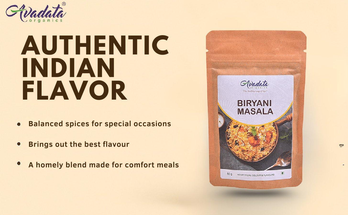 AVADATA ORGANICS - The healthy way of life Avadata Organics Biryani Masala - 50gm Hyderabadi Style| Unique Blend of Spices for Earthy Aroma & Rich Taste | Spice for Regional & Traditional Recipes | Hygienically Packed | No Preservatives (Pack of 3)