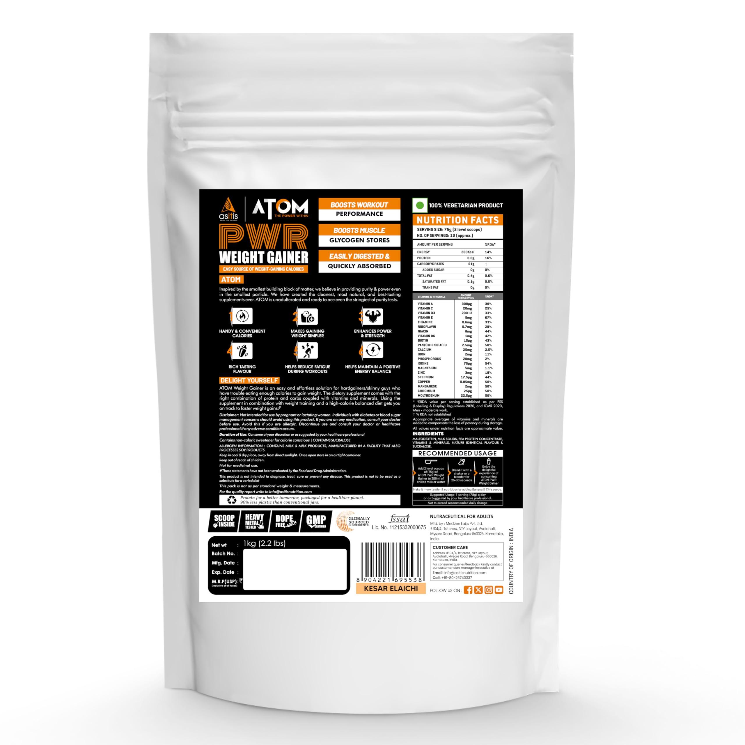 Asitis Nutrition Asitis Nutrition Atom Weight Gainer Powder 1Kg | 61.1G Carbs & 8.8G Proteins | Easy Source Of Weight-Gaining Calories | Boosts Workout Performance | Kesar Elaichi Flavor