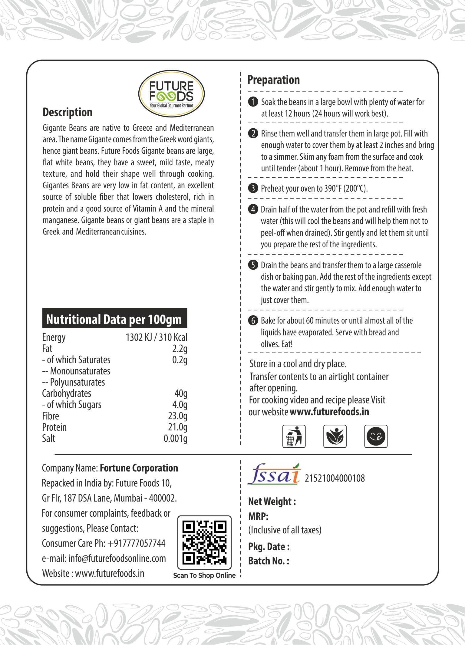 Future Foods Future Foods Greek Gigantes Beans, Double butter beans, Vaal, pack of 900 gram