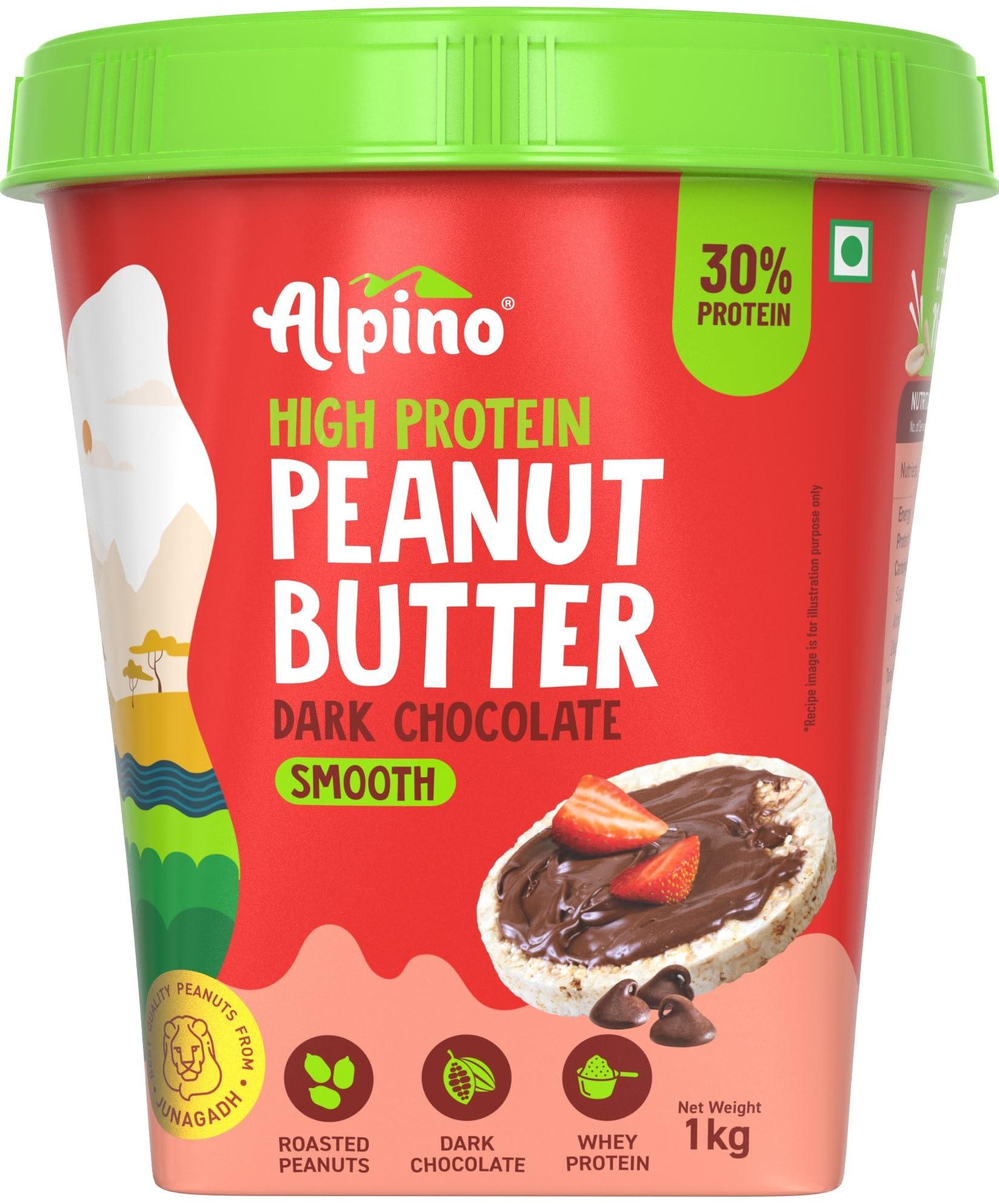 Alpino ALPINO High Protein Dark Chocolate Peanut Butter Smooth 1kg - Roasted Peanuts, Dark Chocolate, Whey Protein & Pea Protein 30g Protein, Gluten Free - High Protein Peanut Butter Creamy
