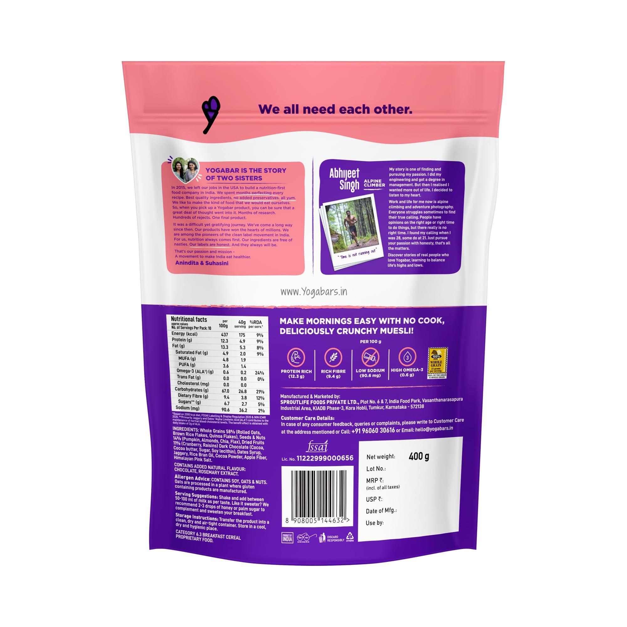 Yogabar Yogabar Wholegrain Breakfast Muesli - Dark Chocolate + Cranberry, 700g (Pack of 3) (Super Saver Pack) | Healthy Breakfast Cereals | Granola| Antioxidant Rich | Healthy Food for Breakfast |Protein Rich