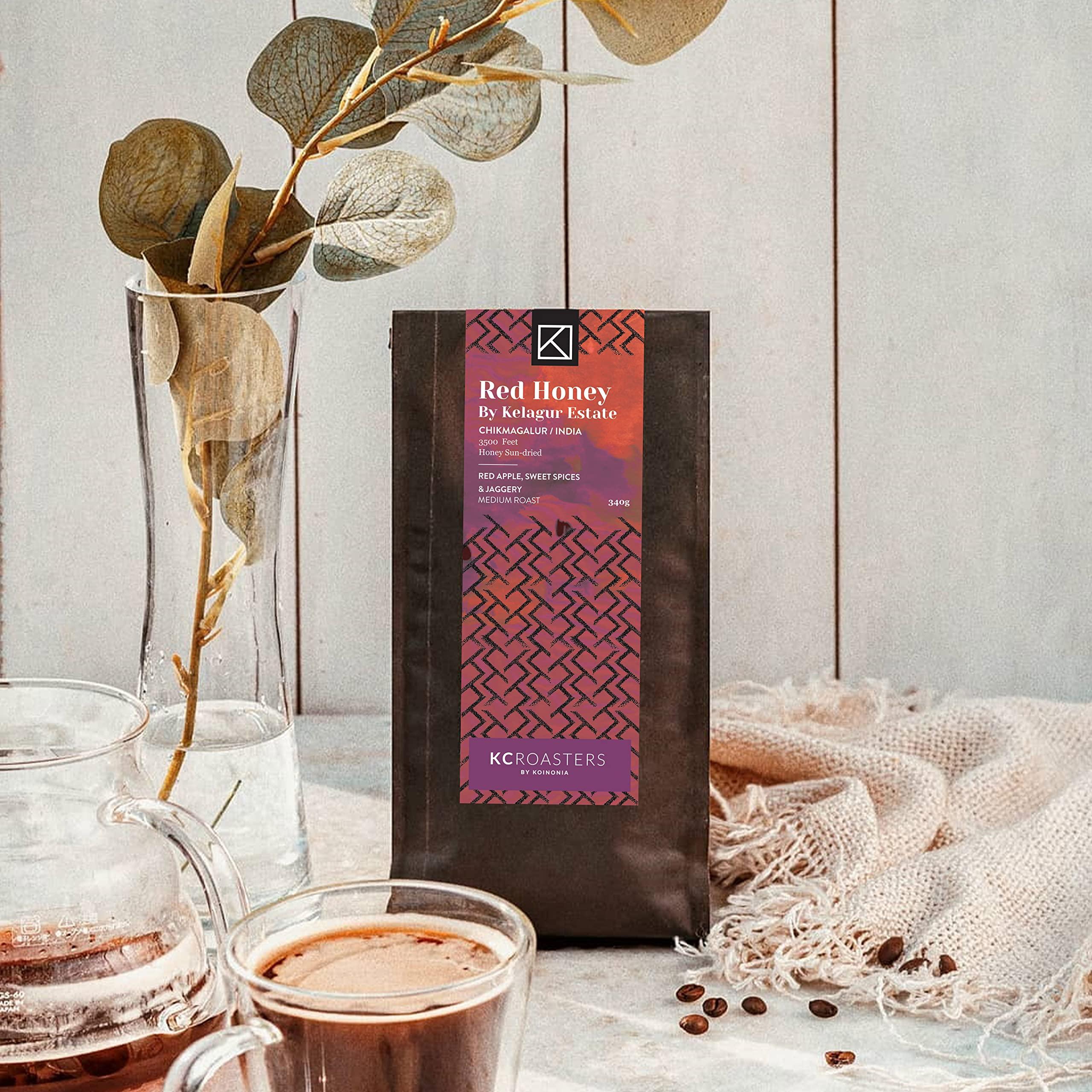 KCROASTERS KCROASTERS KOINONIA | Red Honey Coffee from Kelagur Estate, Chikmagalur 340 gm Medium Roast Arabica Coffee Beans - Roasted & Ground for Turkish|Packed in Biodegradable Bags